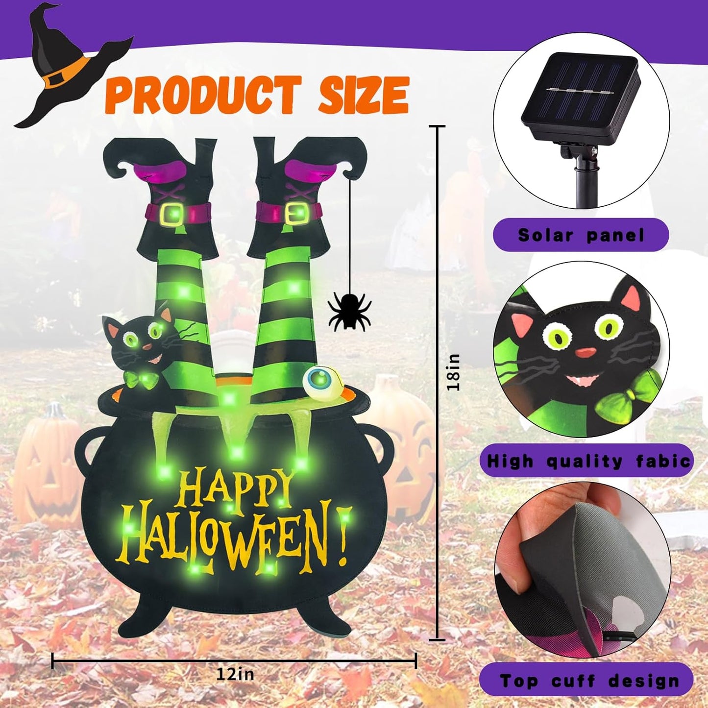 Halloween Lighted Garden Flag for Outside, Witch Feet Shape Flag Yard Decor, 8 Modes 12x18 Double Sided Cauldron Eyeball Black Cat Outdoor Hlloween Decorations for Home Porch