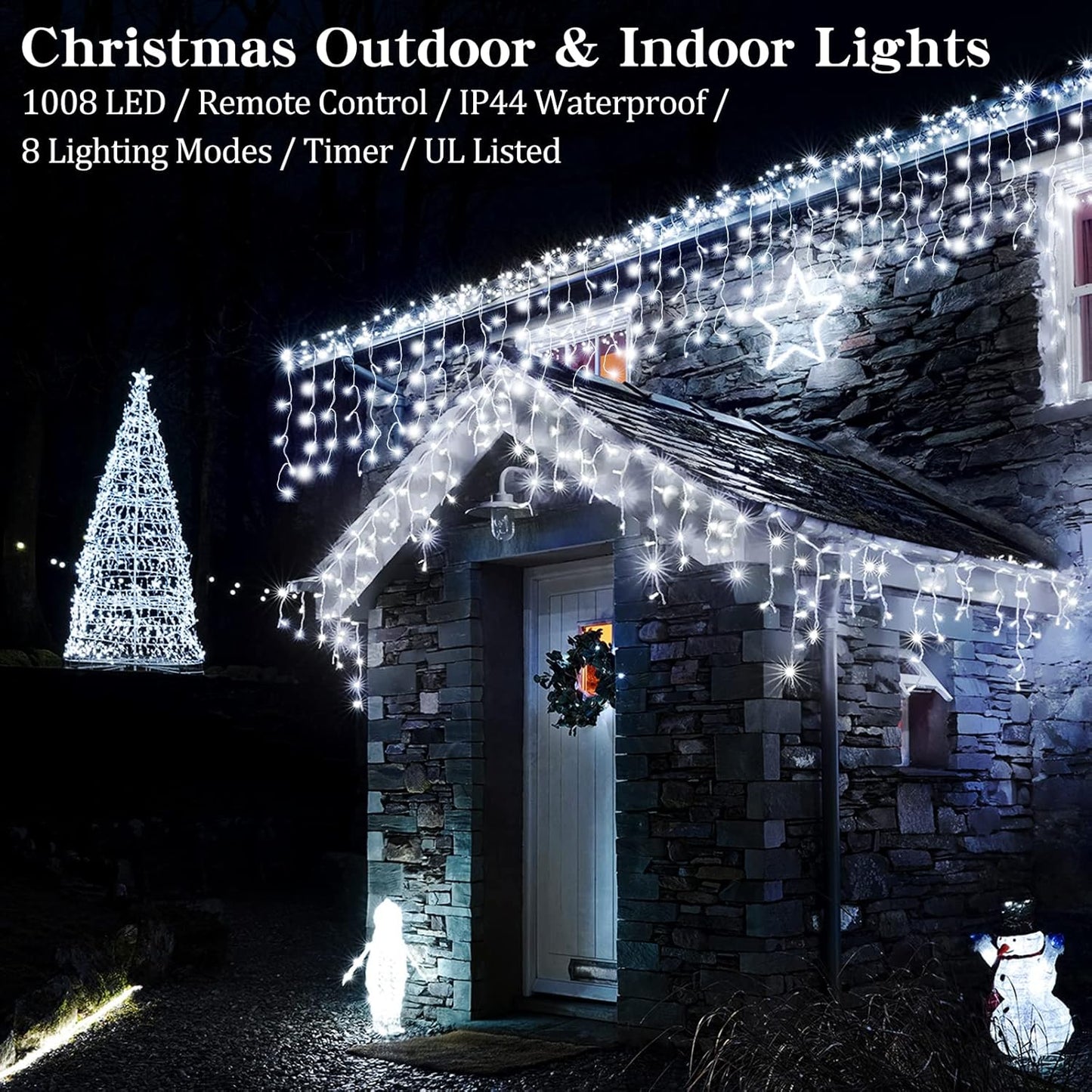 Icicle Christmas Lights Outdoor Decorations 1008 LED 98.4 FT 8 Modes LED Icicle String Light with 189 Drops, Fairy String Curtain Lights for Christmas Holiday Decor Wedding Party (Cold White)