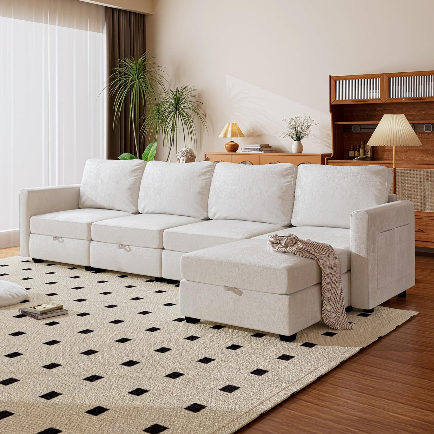 mestyl Modular Sectional Sofa Convertible L Shaped Sofa Couch Set with Storage for Living Room, Modern 4 Seater Modular Sectional Couch with Movable Ottoman (Beige)