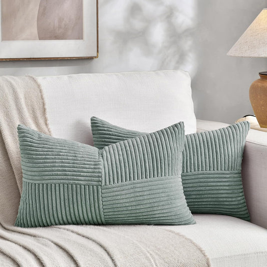 Fancy Homi 2 Packs Grey Blue Lumbar Decorative Throw Pillow Covers 14x24 Inch for Couch Bed Sofa, Rustic Farmhouse Boho Home Decor, Soft Striped Corduroy Rectangle Accent Cushion Case 35x60 cm