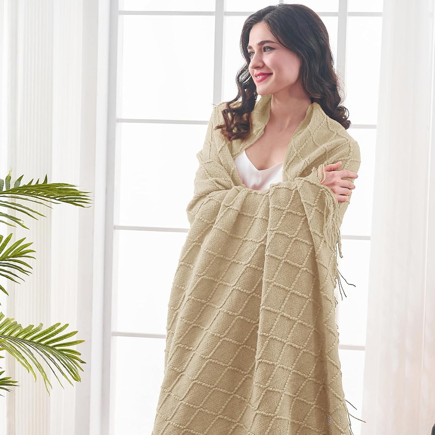 inhand Knitted Throw Blanket for Couch and Bed, Soft Living Room Home Decor Knitted Blanket with Tassel, Outdoor Lightweight Breathable Summer Blanket, Farmhouse Warm Woven Decorative, 50"x60"