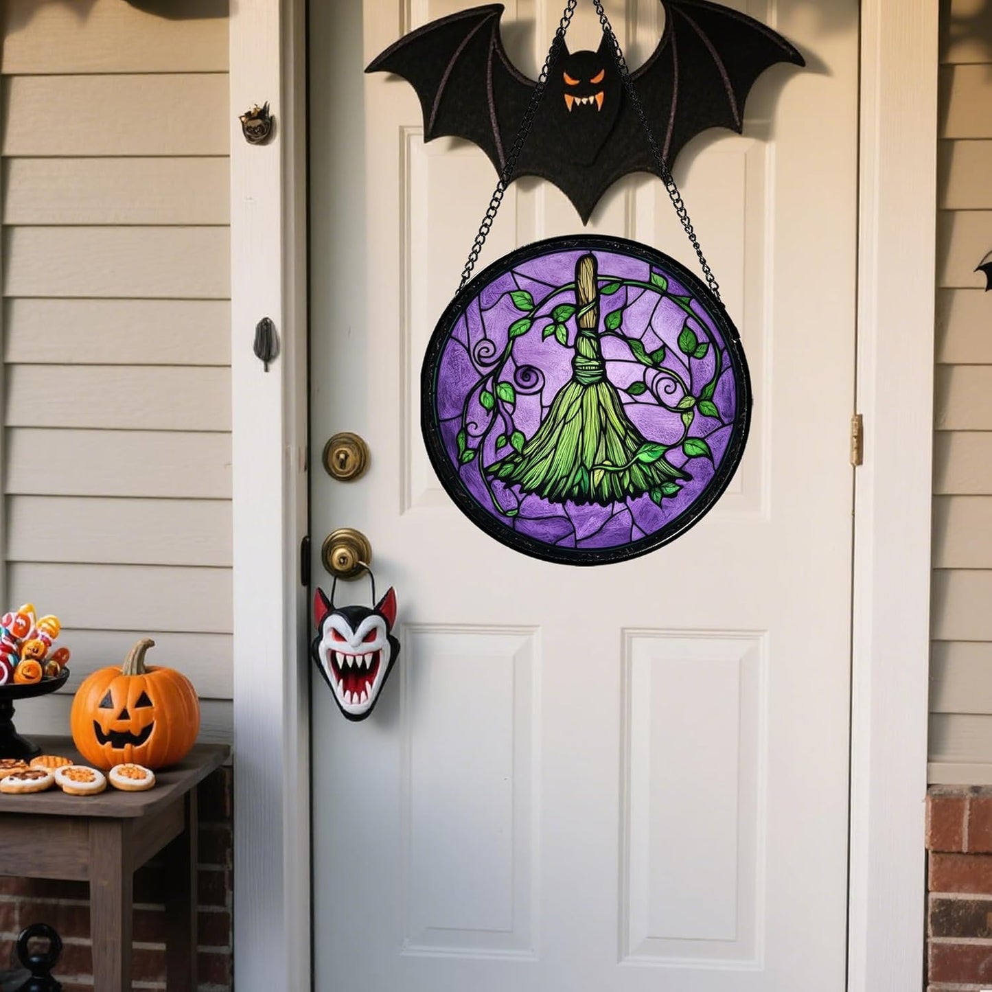 Stained Glass Window Hanging - Halloween Decorations Witch Magic Broom Suncatcher for Doors Garden Indoor Funny Spooky Sun Catchers Gothic Decor Horror Gifts for Women Men Friend 6.3 in