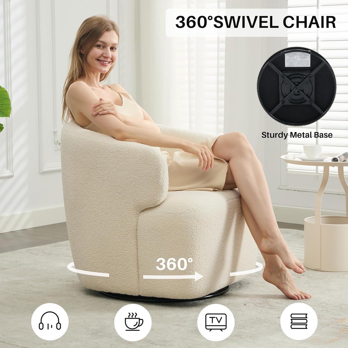 Swivel Accent Chair, Sherpa Teddy Barrel Chair for Living Room, Cozy Round Boucle Arm Chair, Metal Base for Club Nursery Bedroom, Beige Cream White