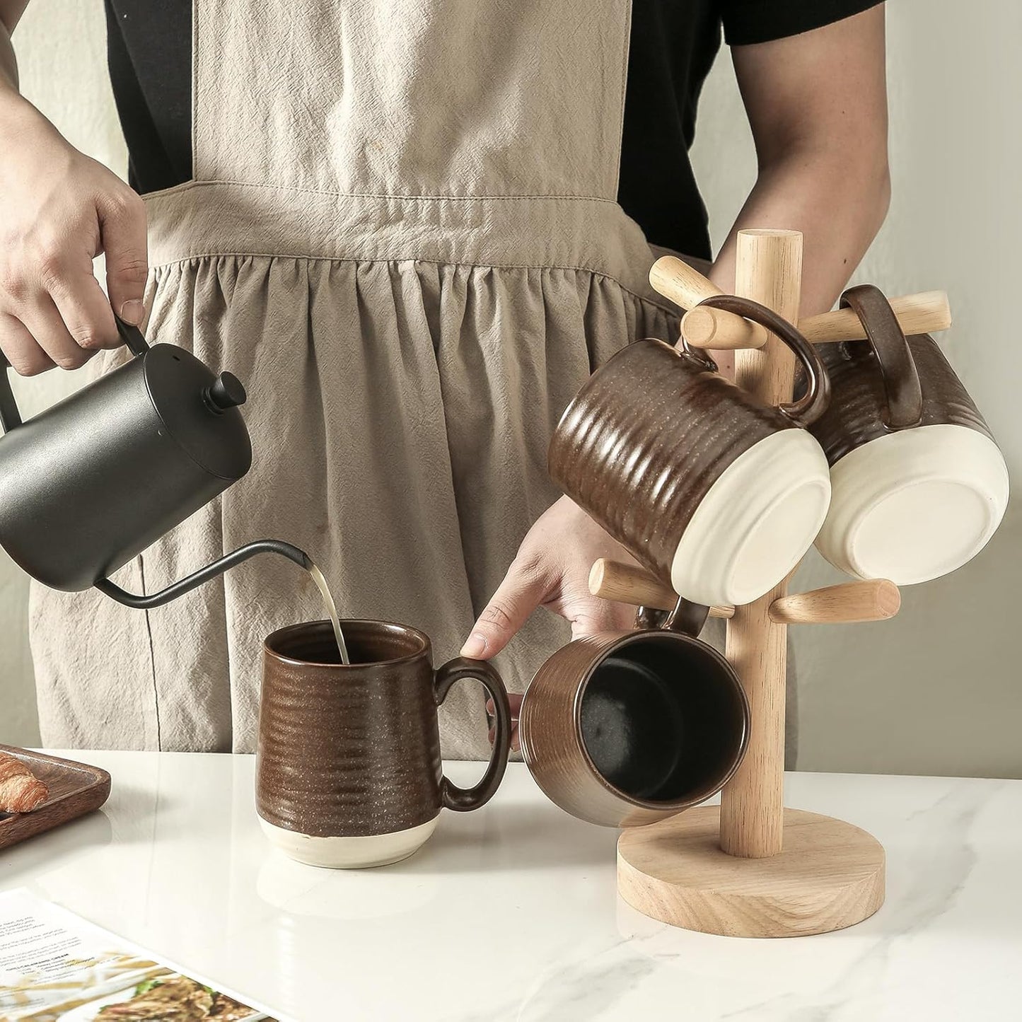 Hasense Porcelain Coffee Mugs Set of 4-15 Ounce Large Ceramic Coffee Cups Set with Handle for Latte, Tea, Cocoa and Hot Chocolate, Brown Coffee Mugs for Men and Women, Microwave Safe