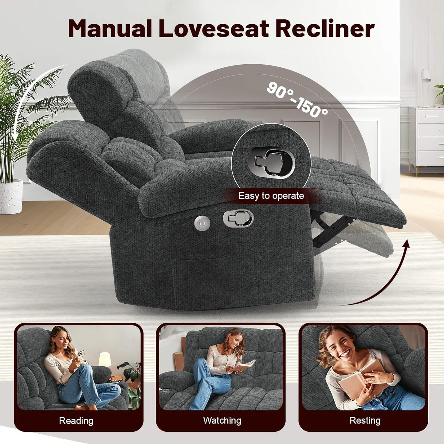 Loveseat Recliner Sofa Set with 2+1+1 Pieces, 2 Seater Minimalist Style Fabric Manual Pull Tab Reclining Loveseat with USB Charge Ports, Cup Holders, Recliner Couches for Living Room, RV, Gray