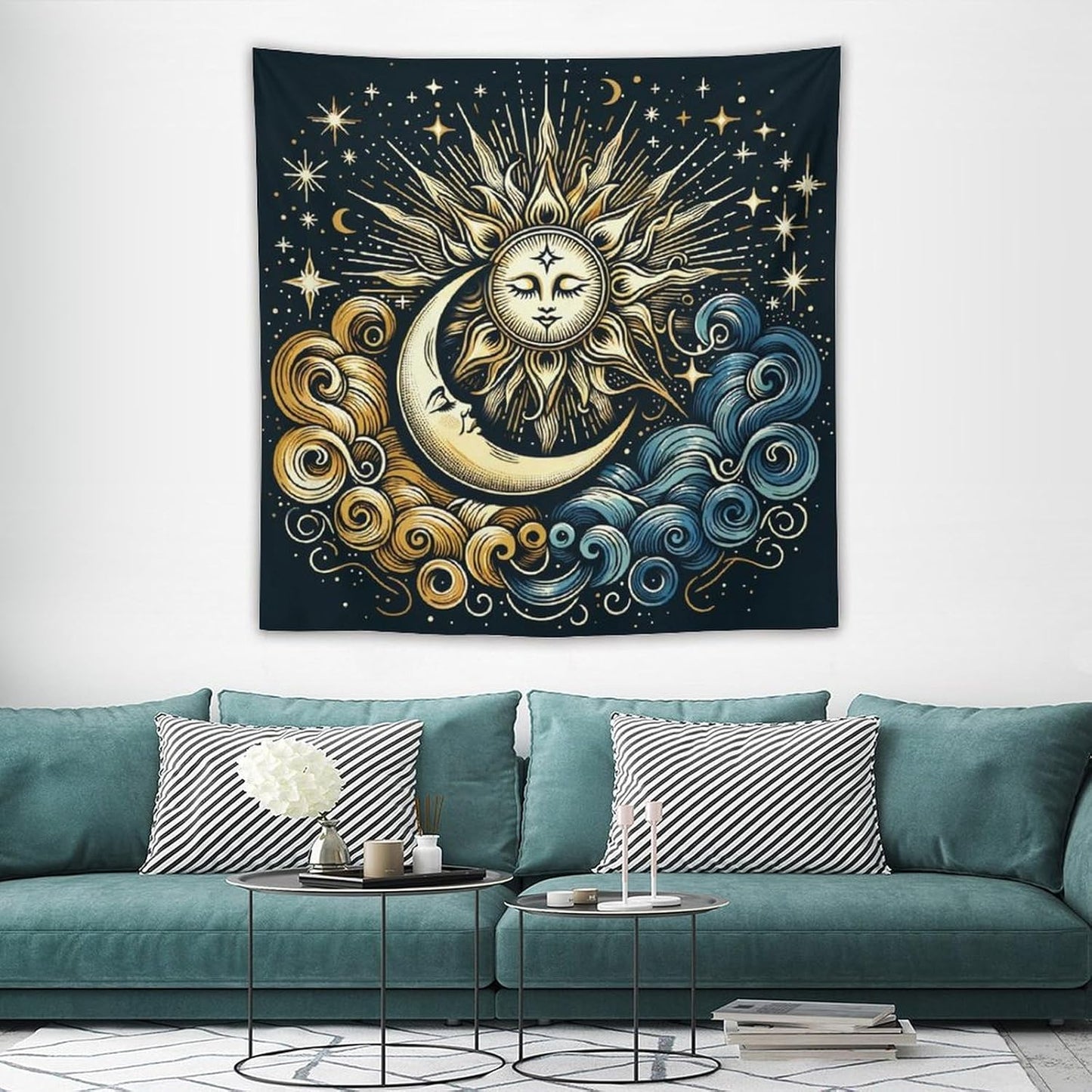 HZOHNAGO Sun Moon Tapestry Boho Golden Stars Pattern Printed Wall Tapestry Wall Hanging for Bedroom Living Room Dorm 60" W x 60" H
