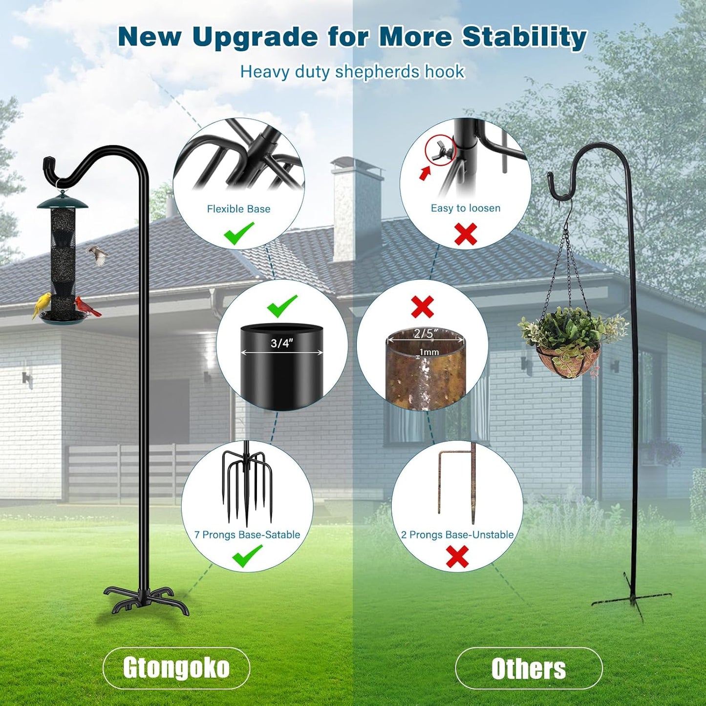 Gtongoko Tall Shepherds Hook for Outdoor, 108 Inch Bird Feeder Pole with 7 Prongs Base, 3/4 Inch Thick Heavy Duty Adjustable Garden Hook for Hanging Plant, Lantern, Hummingbird Feeder, 1 Pack