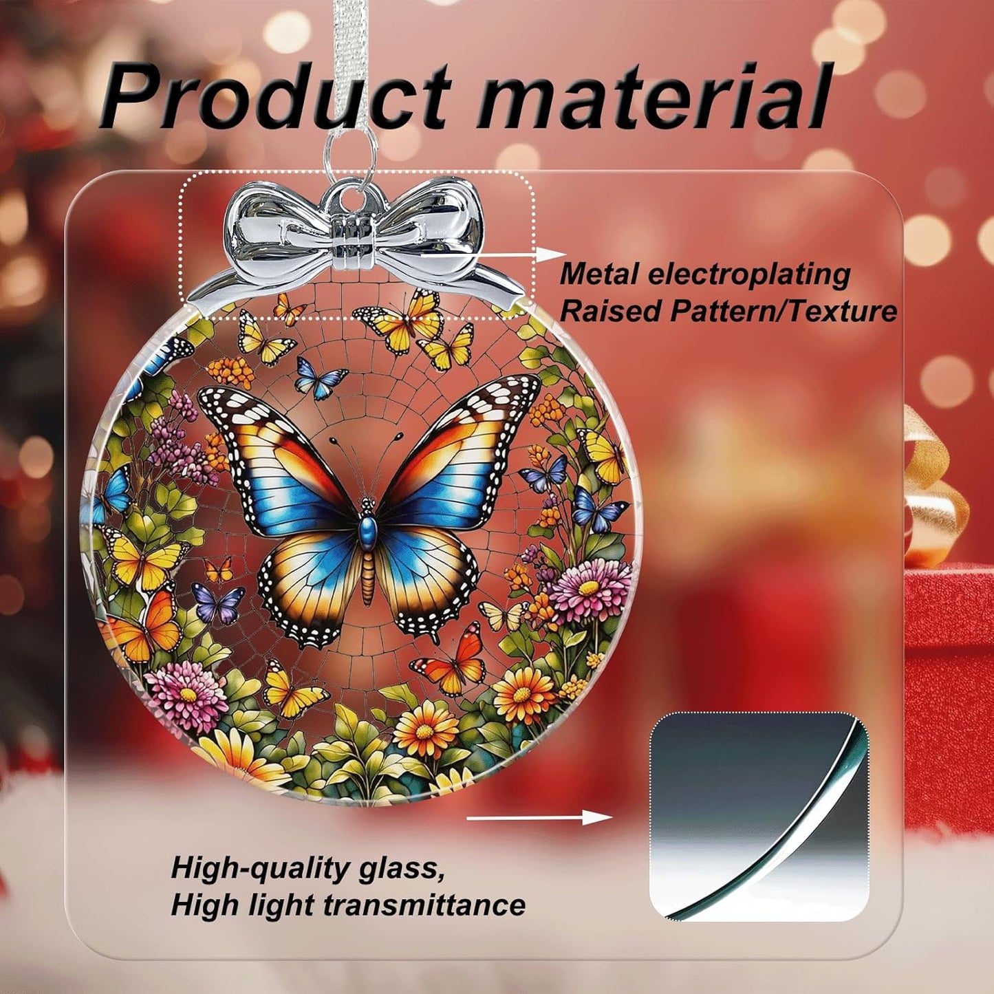 Butterfly Stained Glass Christmas Ornament - Hanging Ornaments for Christmas Tree Decorations -Holiday Keepsake Present Exchange Idea