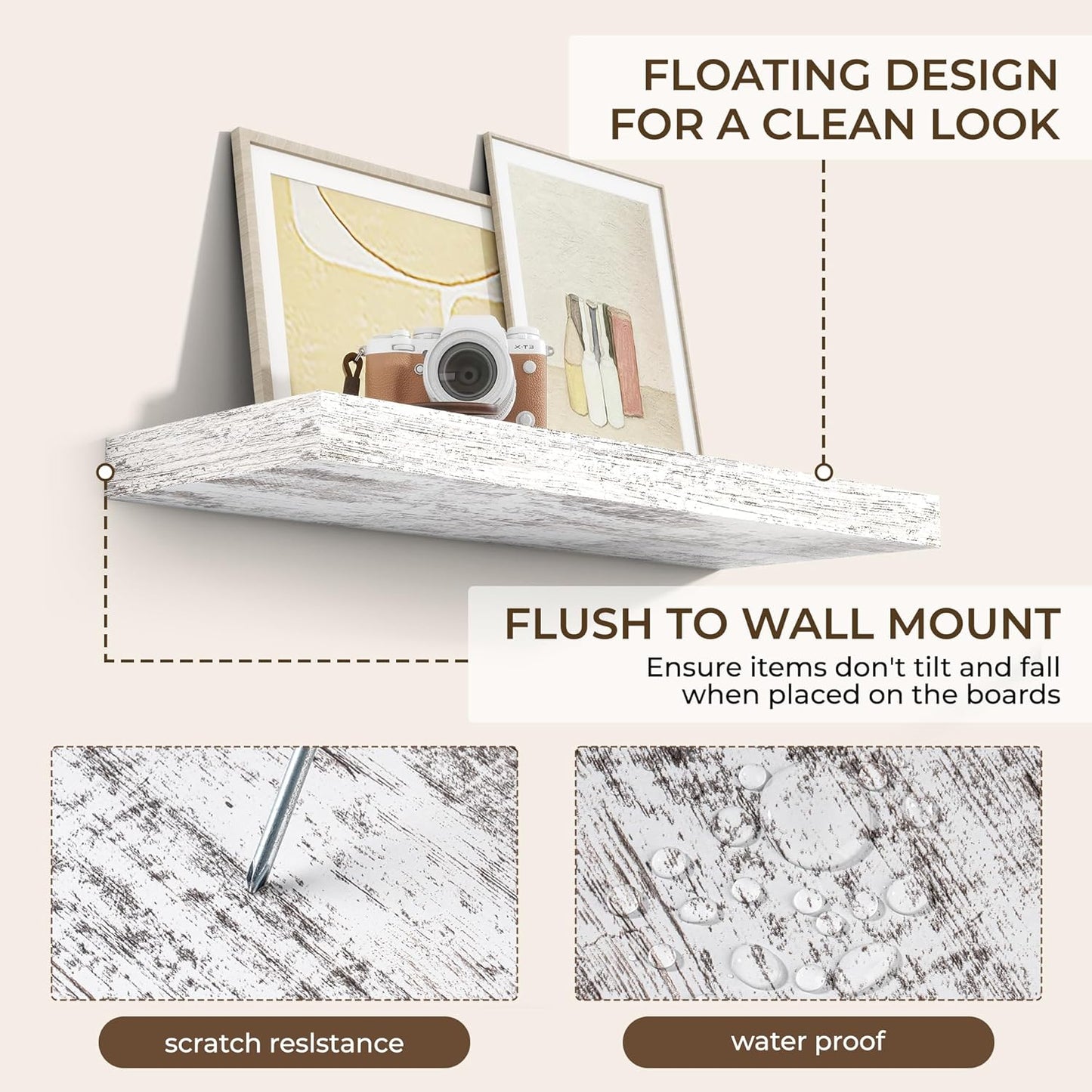 RICHFOCUS 36Inch Floating Shelves for Wall 2 Pack Shelves for Bedroom|Kitchen|Bathroom Wall Mounted Rustic Distressed Wood Floating Shelf with Invisible Brackets for Books|Storage|Decor, Rustic