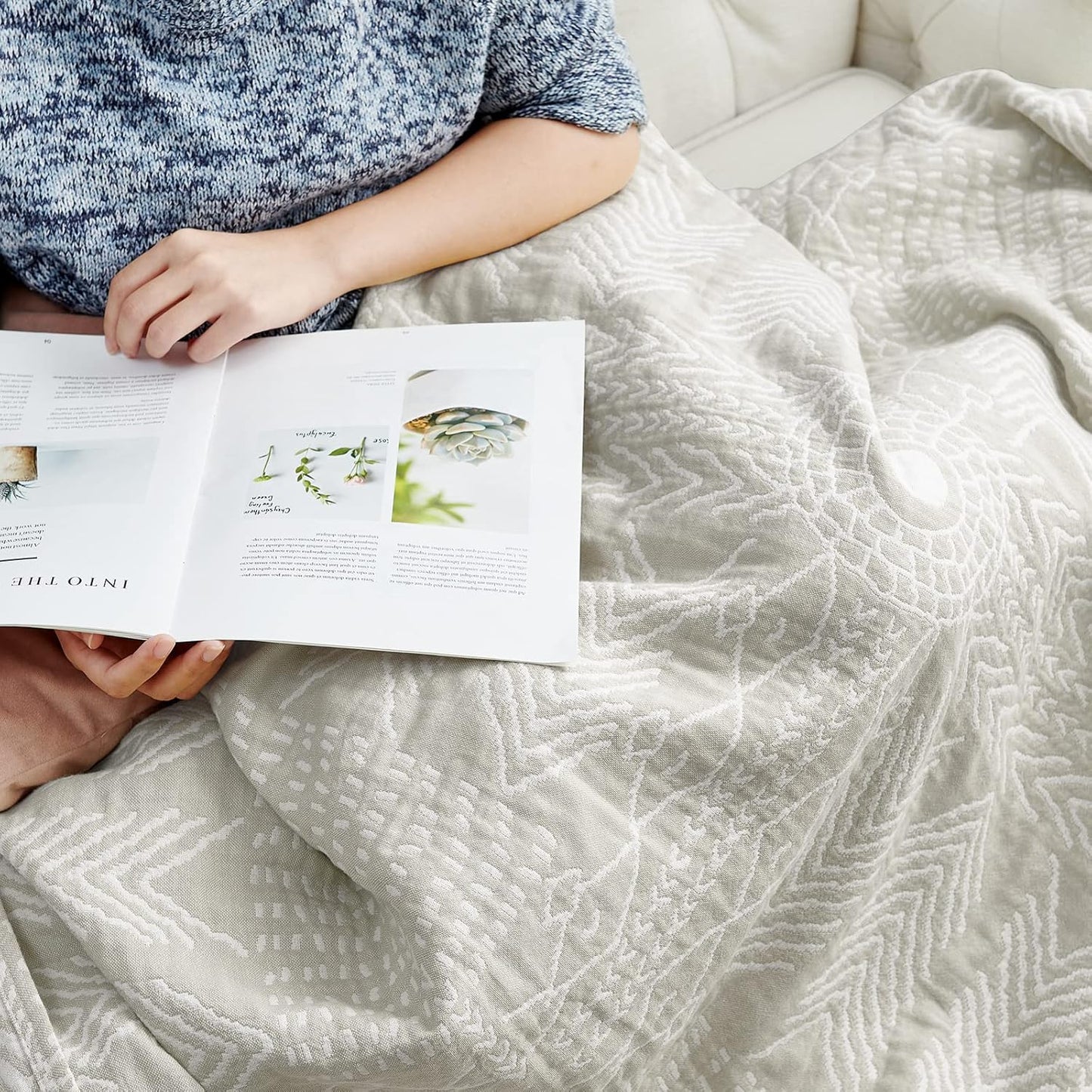 JINCHAN Boho 100% Cotton Muslin Blanket 3-Layer Queen Size 80x90 Inches Geometric Light Grey Lightweight Reversible Soft Comfy Throw for Couch Sofa Bed Coverlet Quilt Large Blanket Bedroom All Seasons