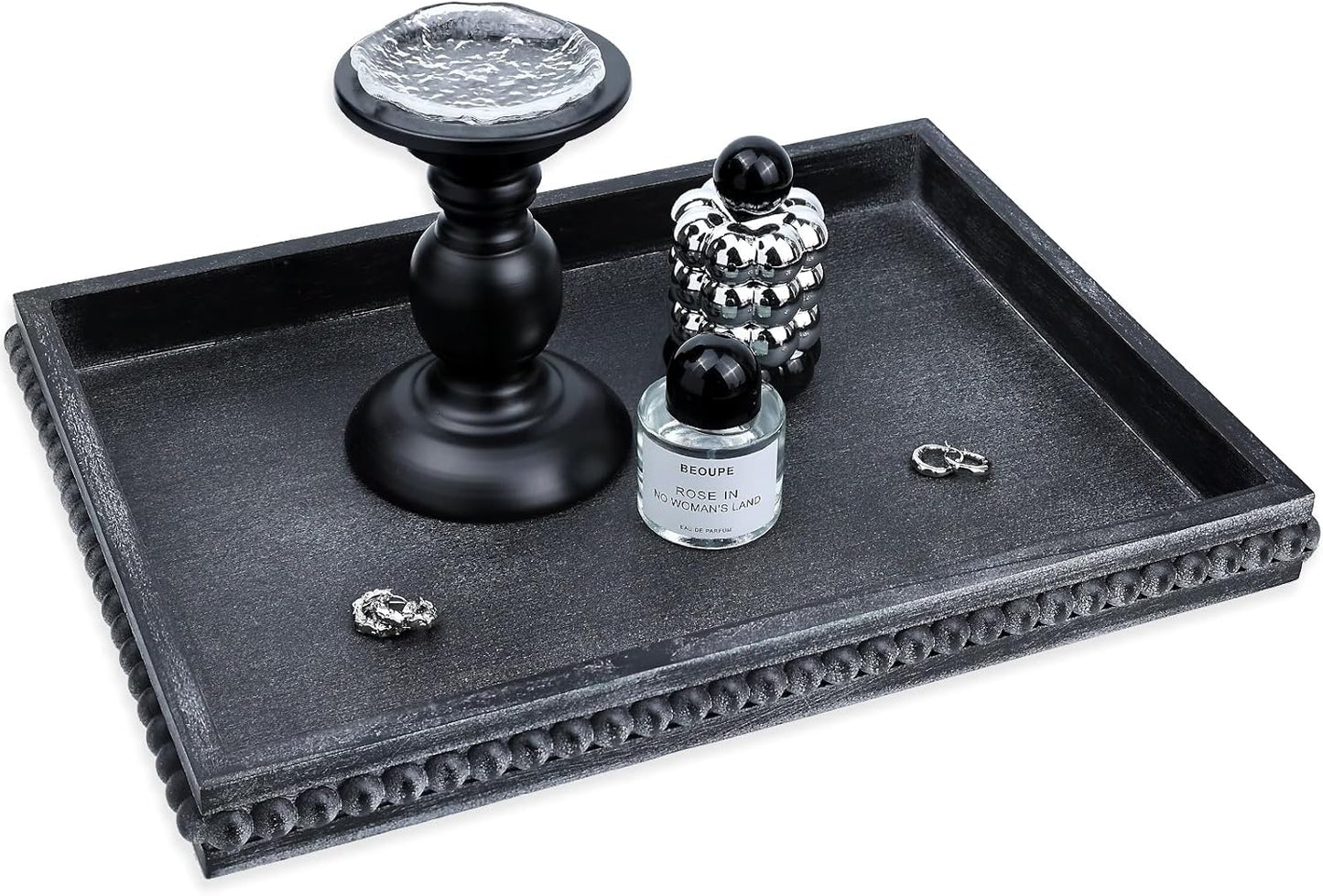 Rectangle Wood Serving Tray with Beads, Black Washed Wooden Decorative Tray for Entertaining, Decoration, and Gifting