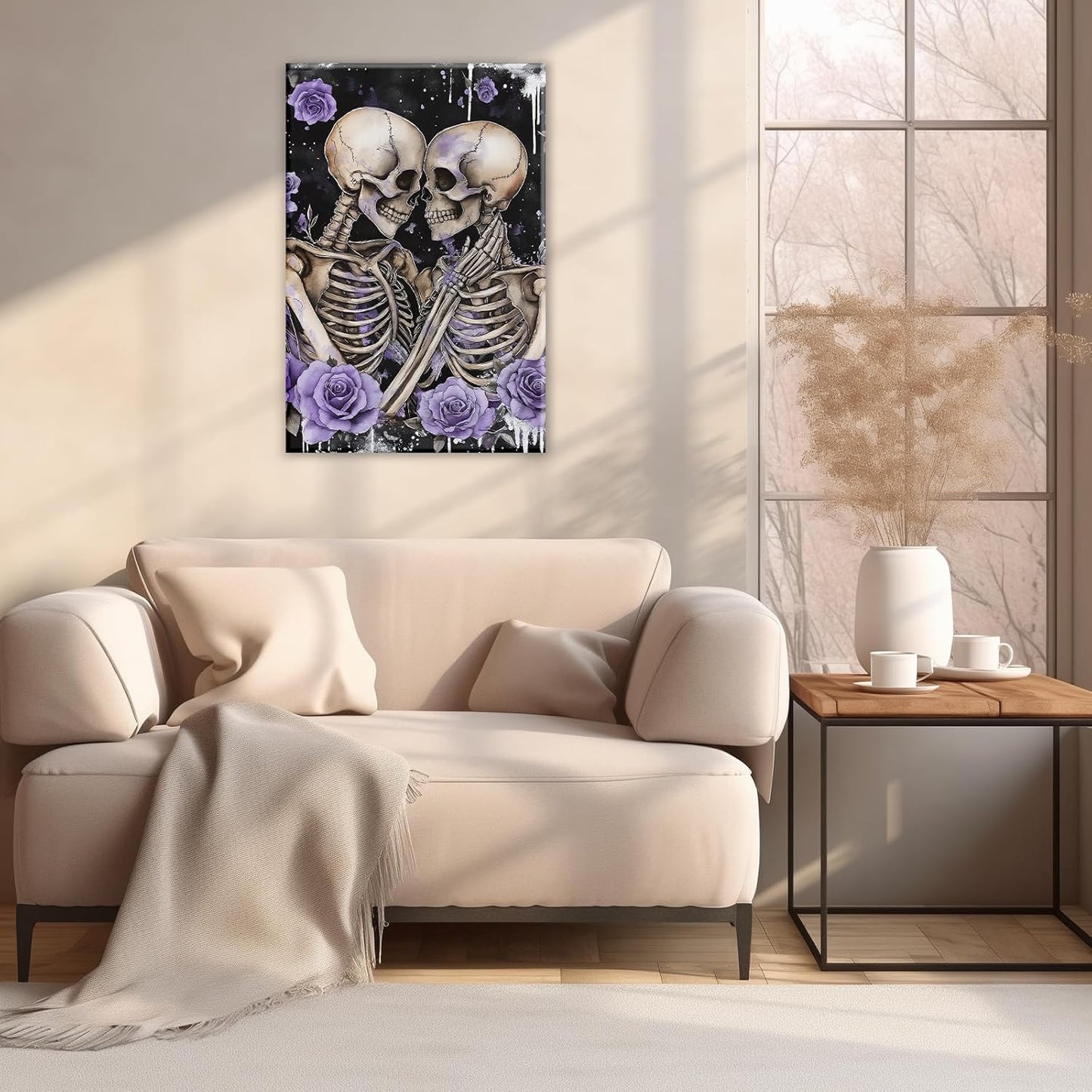Skull Canvas Wall Art Couple Skeleton Holding Each Other Picture Art Poster Abstract Lover Painting Modern Artwork Horrible Halloween Decor(Artwork-2,12"x18")