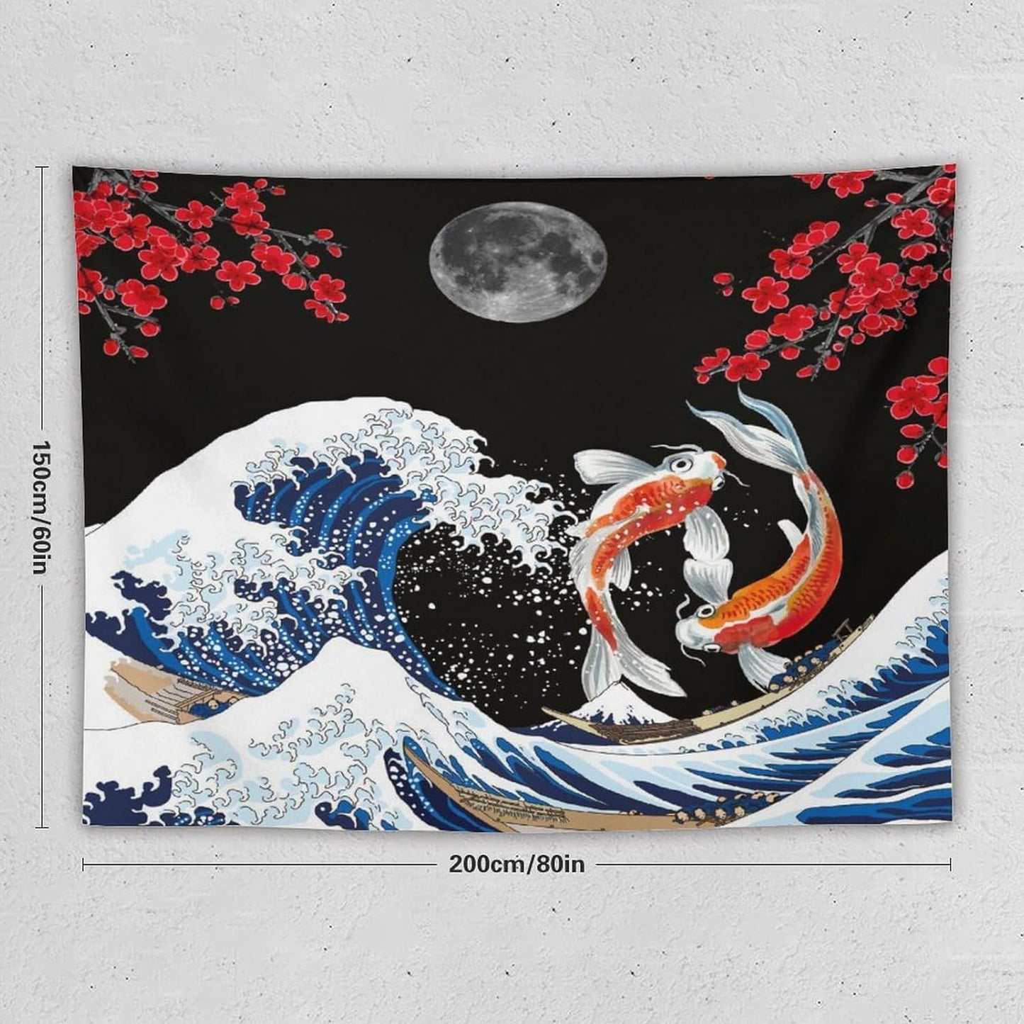 Houselerax Japanese Koi Fish Tapestry, Yin Yang Big Wave Red Cherry Blossom Tapestries Wall Hanging for Bedroom Living Room Office Decor 80"x60"