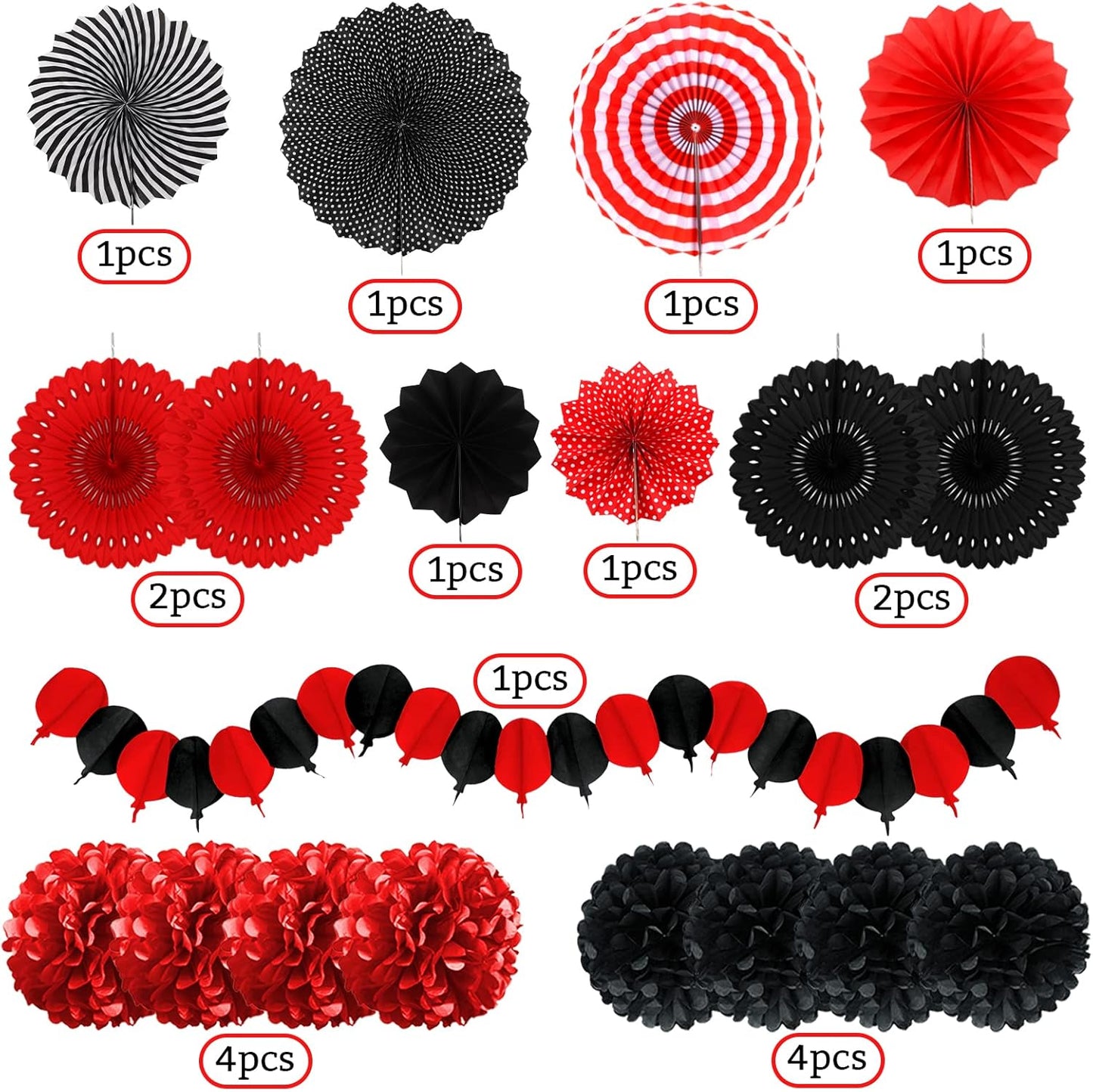 Red and Black Party Decorations, Papar Fans Pompoms Fans Garlands for Birthday Wedding Graduation Game Night Boy Girl Party Decorations