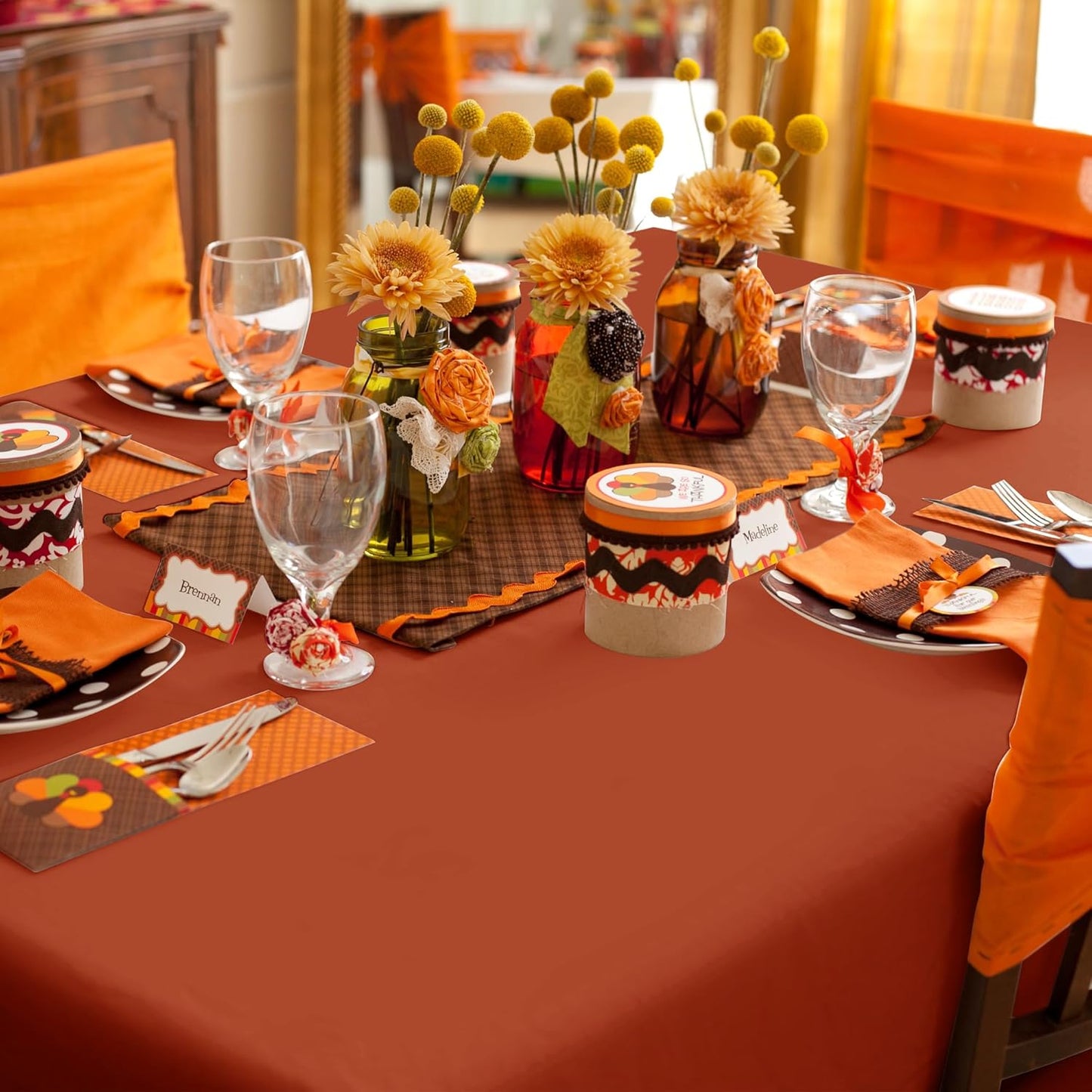 sancua Fall Tablecloth for 6 Foot Tables, 60 x 102 Inch Burnt Orange - Stain and Wrinkle Resistant Rectangle Table Cloth, Fabric Thanksgiving Table Cover for Dining Buffet Parties, Rust Pumpkin Orange