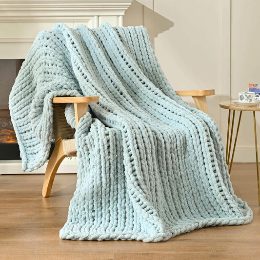 Esterra Chunky Knit Blanket Throw 50"x60", 100% Hand Knitted Chenille Throw Blanket, Cozy Soft Thick Cable Knit Throw Large Rope Knot Crochet Throw Blanket for Sofa Couch Bed, Sky Blue