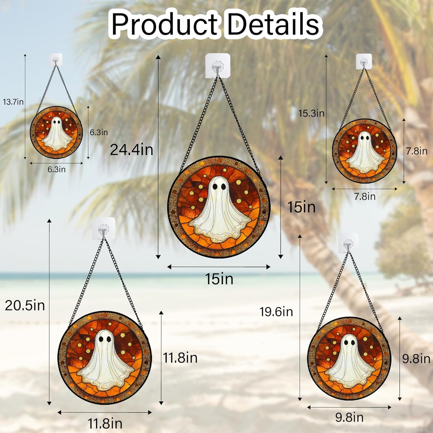 Stained Glass Window Hanging - Halloween Decorations White Ghost Suncatcher for Doors Garden Indoor Spooky Funny Orange Sun Catchers Gothic Decor Horror Gifts for Women Men Friend 15 in