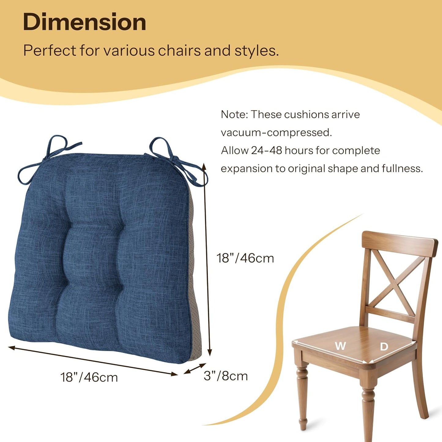 Non Slip Chair Cushions for Dining Chairs Set of 4 Kitchen Chair Cushions 18"x18"x3" Turfted Chair Pads Comfortable and Soft Seat Cushion with Ties, Royal Blue