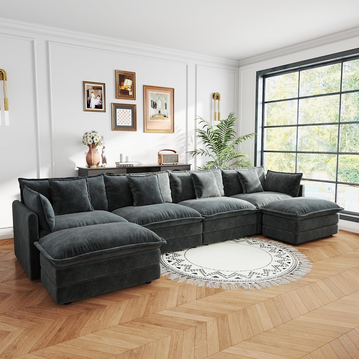 Sectional Sofa 4 Seater with Movable 2 Ottomans,Oversized Modular Couch Deep Seat (Grey, 146.5 inch-U)