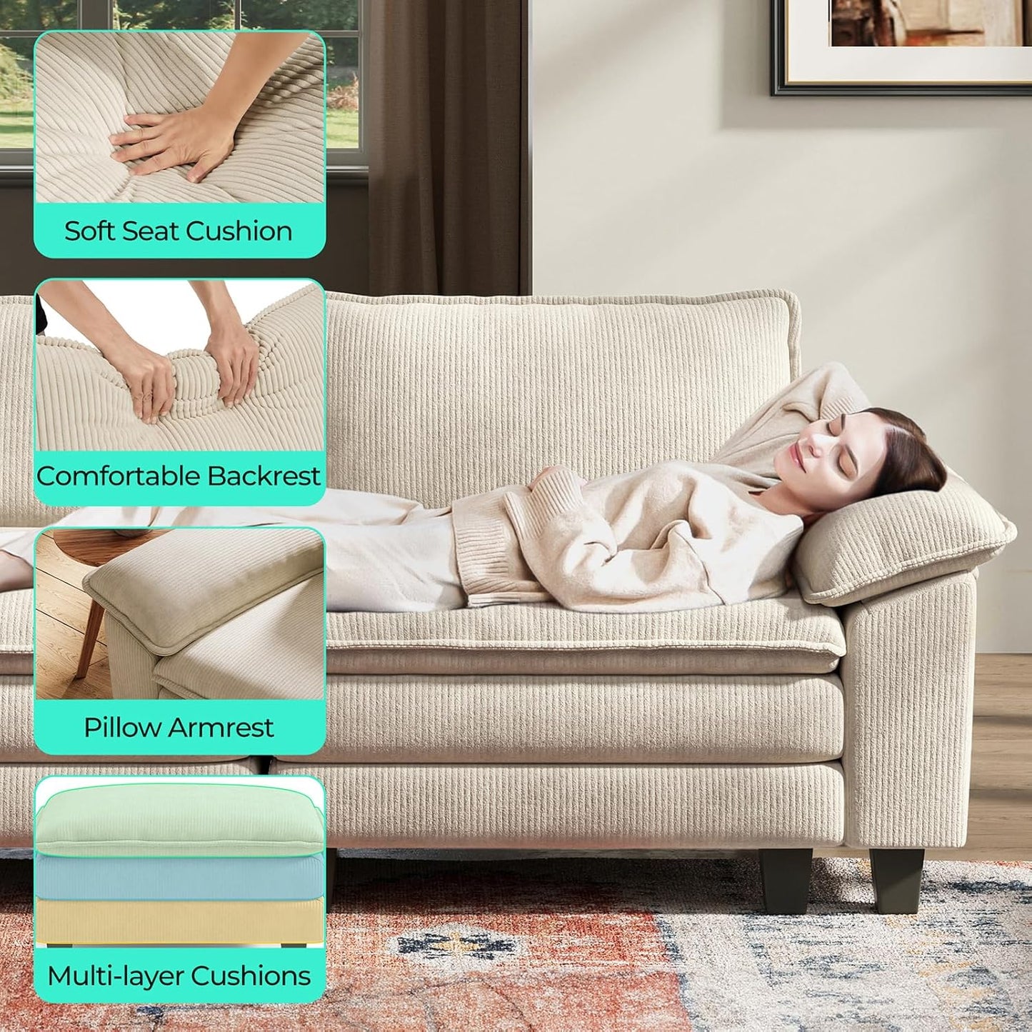 LINSY HOME Modular Sectional Sofa - 157'' Comfy Corduroy Cloud Sofa Oversized U Shaped Couch with Movable Ottoman, Soft Modern Sofa for Living Room Apartment, Beige