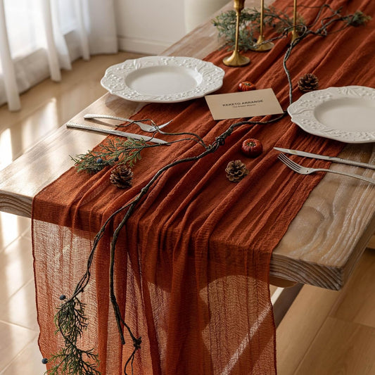Keketo Fall Table Runner Terracotta Rust Gauze 120 Inch 10 FT Rustic Burnt Orange Cheese Cloth for Wedding Baby Bridal Shower Party Centerpiece Sheer Thanksgiving Fall Decorations for Home