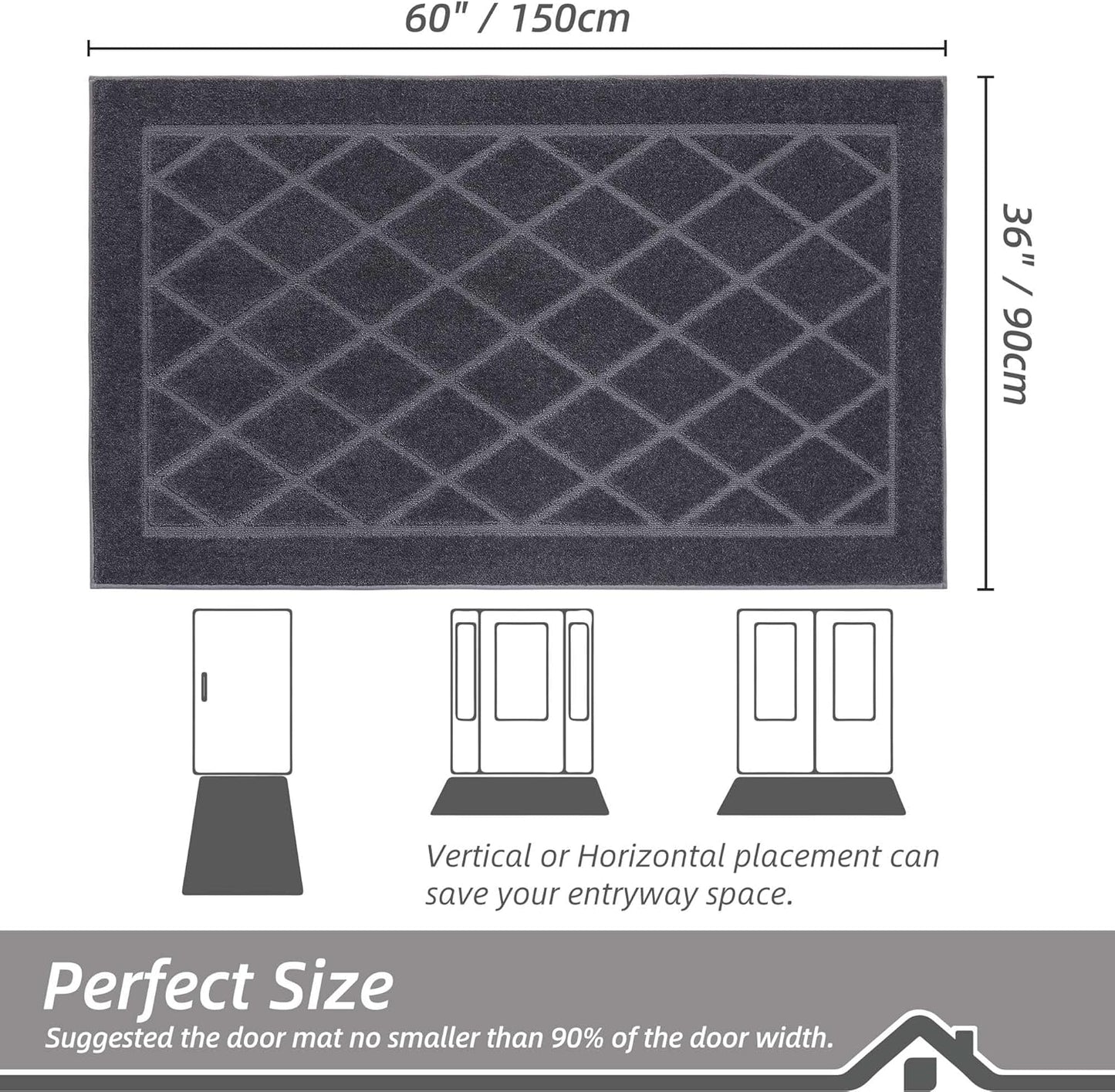 BEQHAUSE Dirt Trapper Door Mat 36" x 60", Doormat Non-Slip Entryway Rugs Washable, Dog Door Mat Stain Resistant and Absorbent Welcome Floor Mat for Front Back Door, Muddy Wet Shoes & Paws, Dark Grey