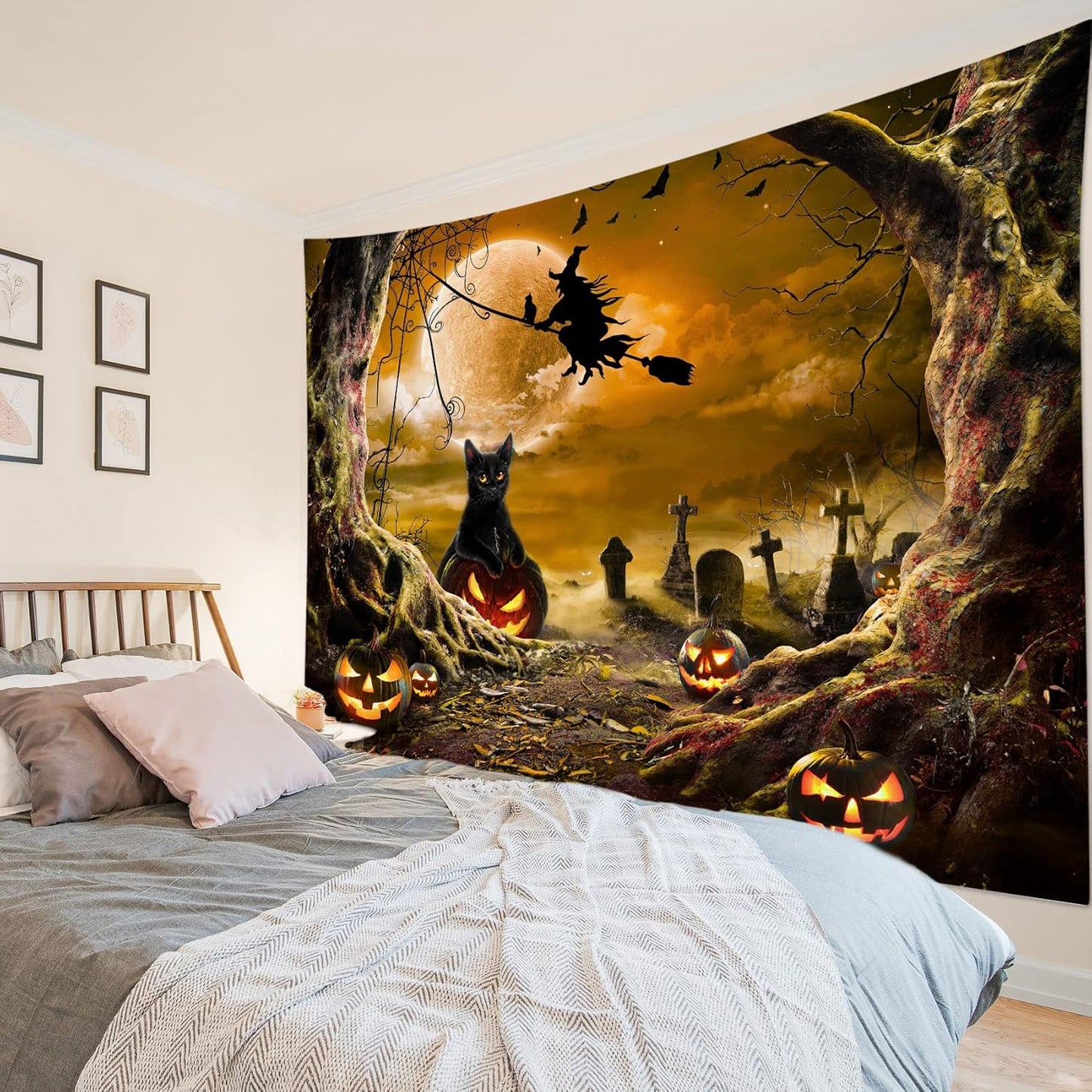 LB Halloween Wall Art - Horror Witch Cat & Dead Tree Pumpkin Lights with Spooky Graveyard Orange Full Moon over Misty Forest Wall Tapestry for Bedroom & Living Room - 48x36 Inch