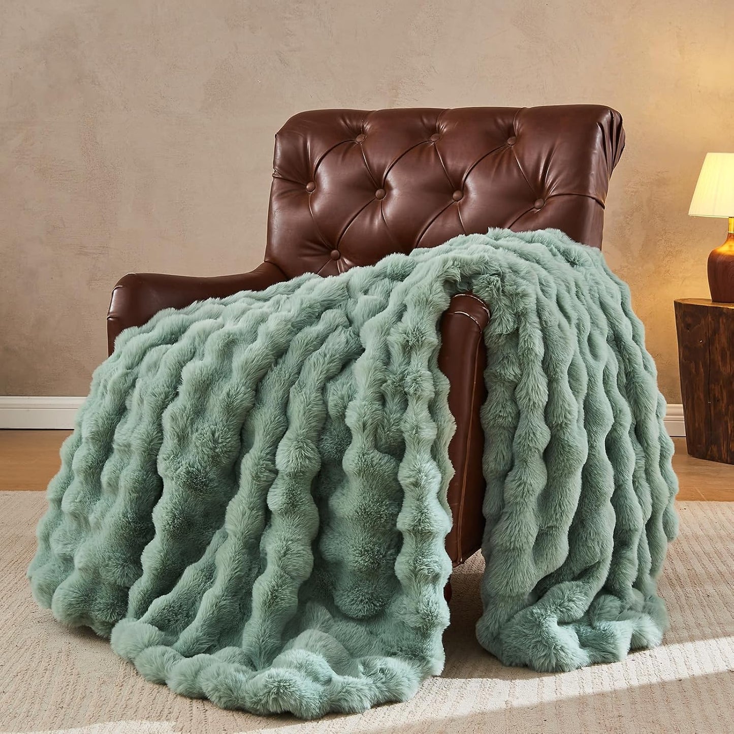 Lotus Karen Faux Fur Throw Blanket Sage Green - Big Bubble Rabbit Fluff Blanket for Couch Bed Sofa,Softest Fluffy Fuzzy Cozy Blanket, Plush Thick Furry Shaggy Warm Blankets for Women,50x60 Inches