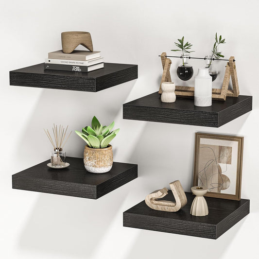 Square Floating Shelves for Wall, 10" W x 10" D x 1.2" H, Small Wooden Wall Mounted Display Shelves with Invisible Brackets for Living Room, Bedroom, Bathroom, Kitchen Decor, Set of 4, Black