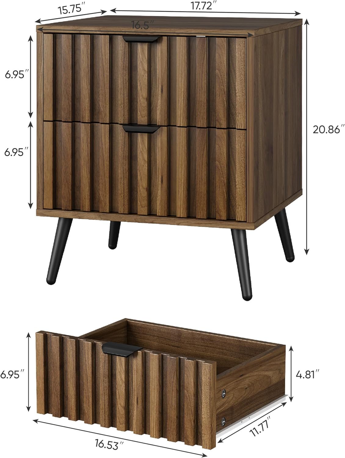 Smuxee Walnut Wooden Night Stand, Mid Century Nightstand with 2 Fluted Drawers, Bedside Table with Metal Feet, Modern End Side Table for Bedroom