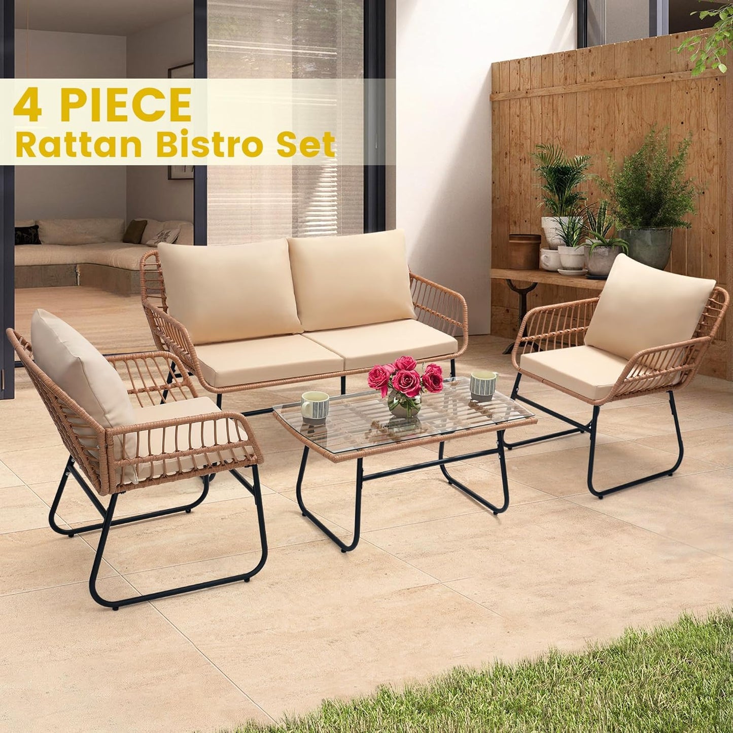 Kromax 4 Piece Patio Bistro Outdoor Furniture Set, Wicker Sofa, 2 Rattan Chairs, and Table, Backyard Conversation Set, All Weather Cushions, Natural Rattan Beige Cushion