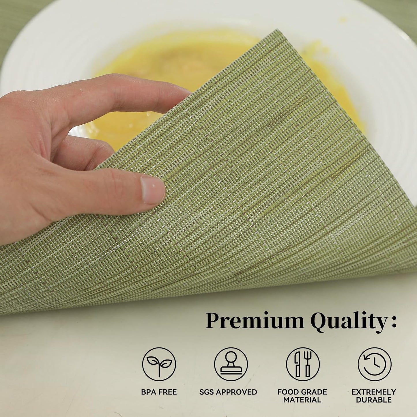Leetaltree Pea Green Placemats Set of 8 - Heat Resistant Non-Slip Place mats for Dining Table, Washable Durable PVC Vinyl Woven Table Mats（Pea Green, 8）