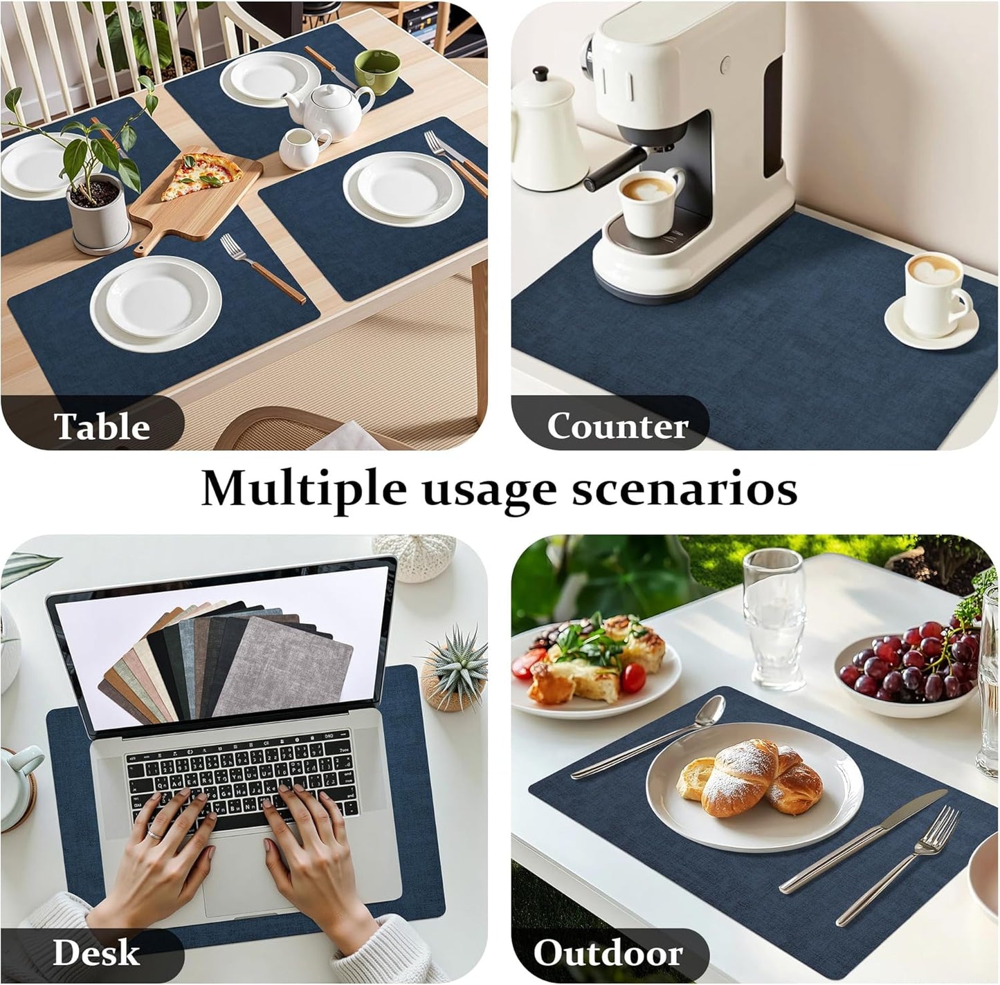 FROMHEART Faux Leather Placemats Set of 12–Waterproof,Heat/Oil Stain-Resistant PU Table Mat–Reversible,Non-Slip,Easy to Clean Place Mats for Kitchen,Dining,Indoor/Outdoor,(Dark Blue,11.8" x 17")