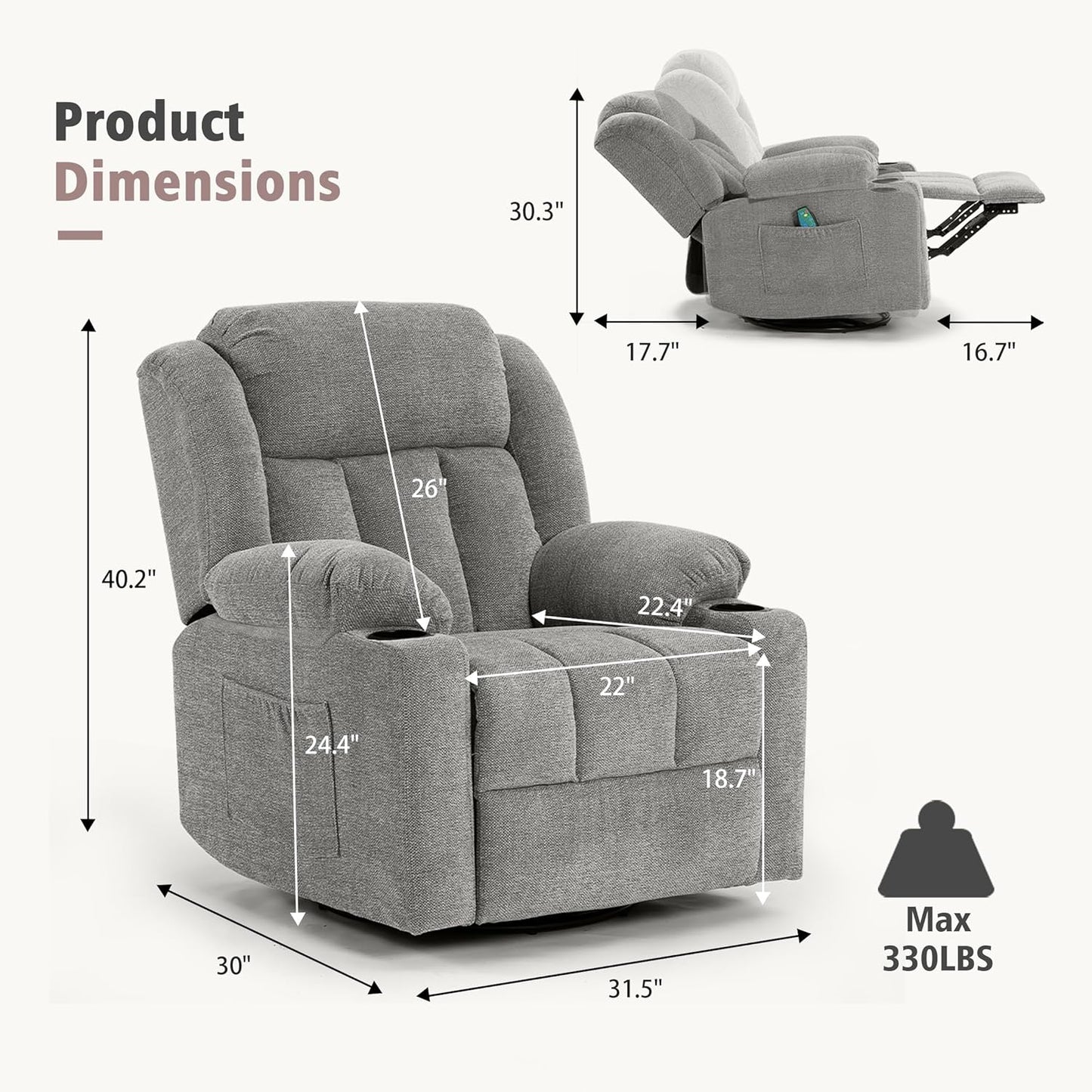 Rocker Swivel Recliner Chair for Adults, Overstuffed Large Manual Recliner Glider with Massage and Heat, Comfy Soft Fabric Living Room Reclining Sofa Chair(Lime Gray)