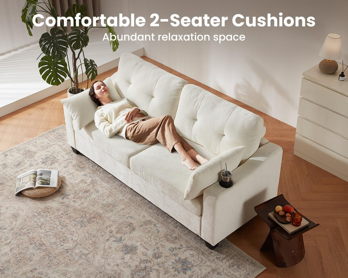 CHIC HOUSE Pull Out Sofa Bed, Full Size Sleeper Sofa, 2-in-1 Convertible Chenille Couch with USB Charging, Memory Form Corduroy Couch for Living Room, Apartment & Small Space (Beige, Chenille - Queen)