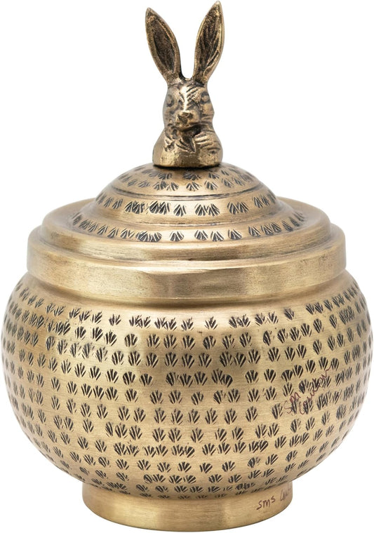Creative Co-Op Round Hammered Metal Container with Rabbit Finial, Brass Finish