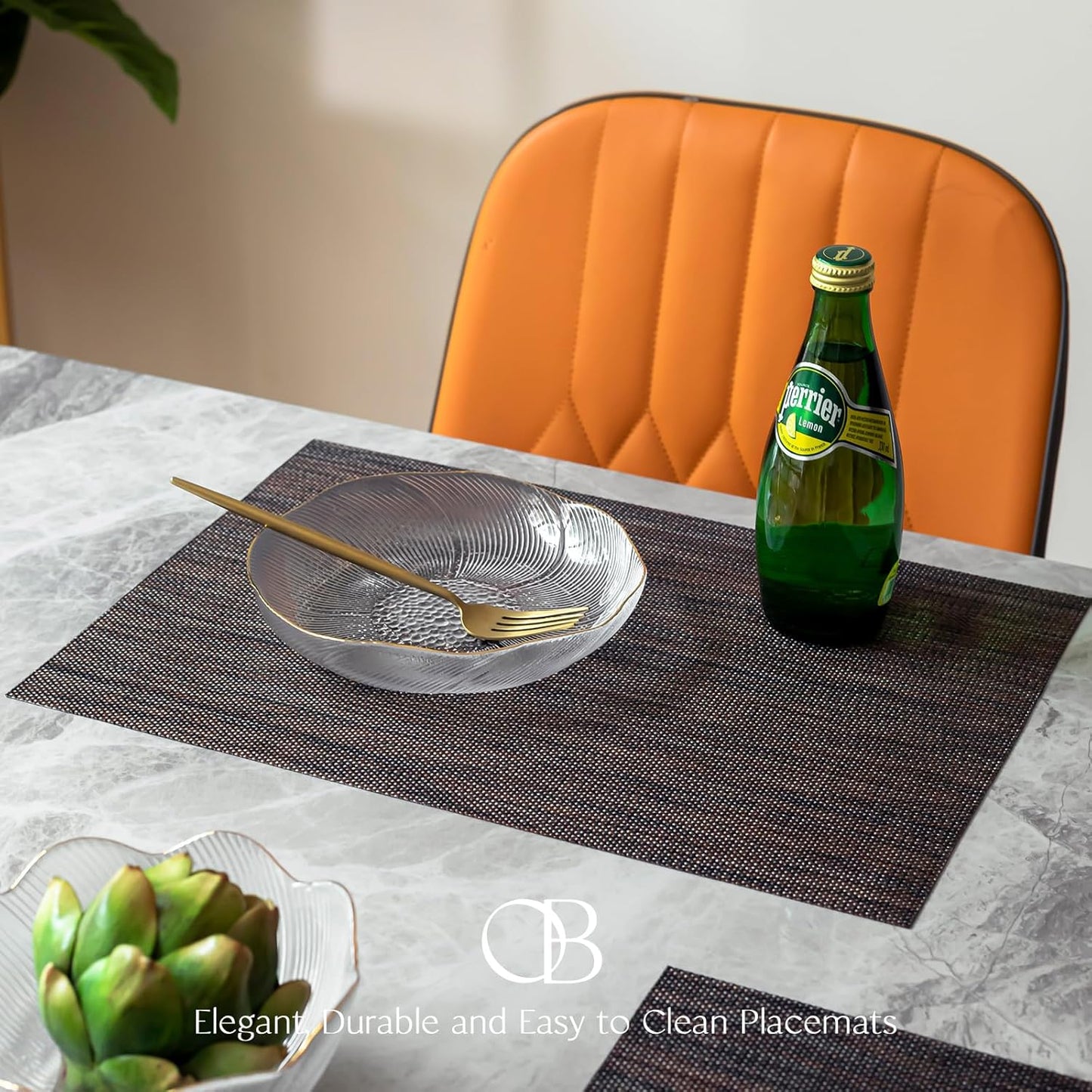 Placemats Set of 8 - Easy Clean Woven Vinyl Placemats for Dining Table, Indoor/Outdoor Place Mats, Washable PVC Table Mats（Black/Brown）