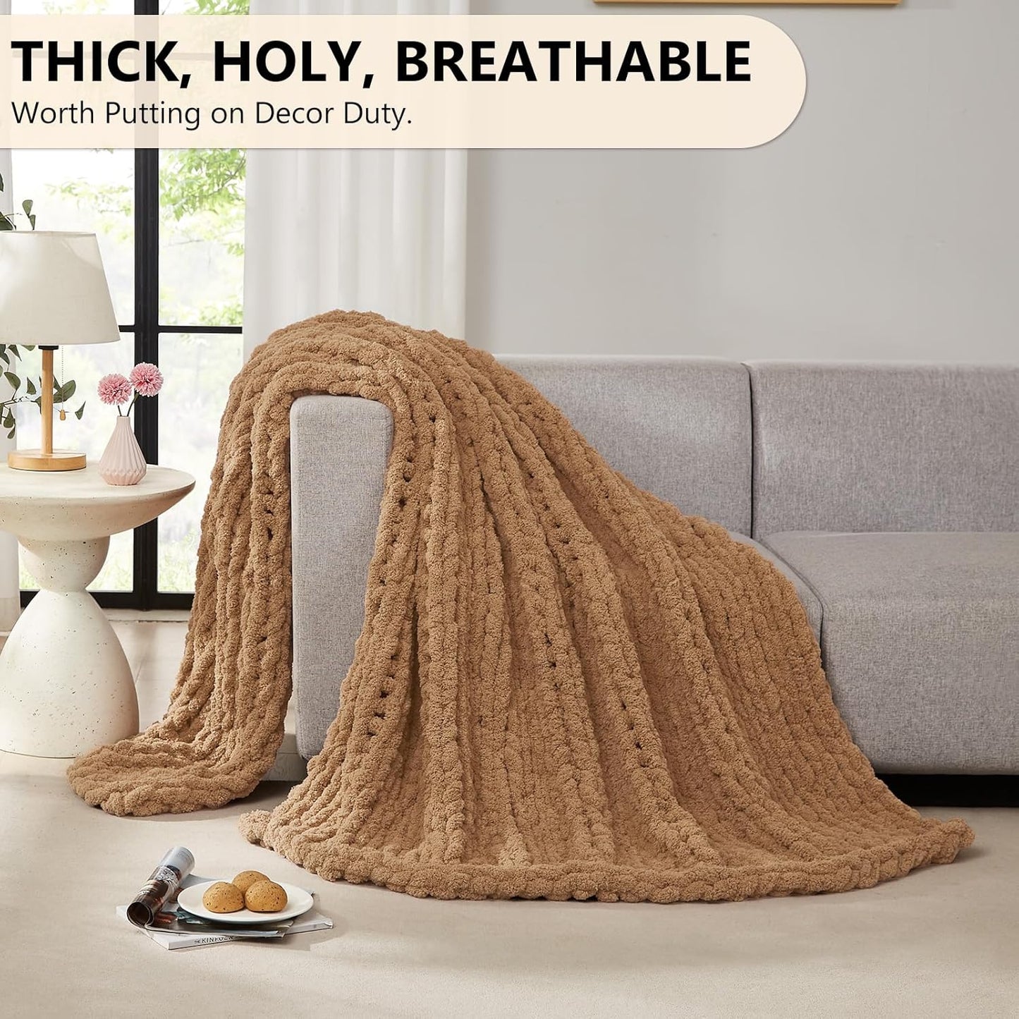L'AGRATY Chunky Knit Blanket Throw: 72''x84'' Chenille Chunky Knitted Throw Blankets for Bed Couch - Handmade Thick Big Cable Knit Blanket - Large Crochet Rope Blankets for Home Decor(Tan)