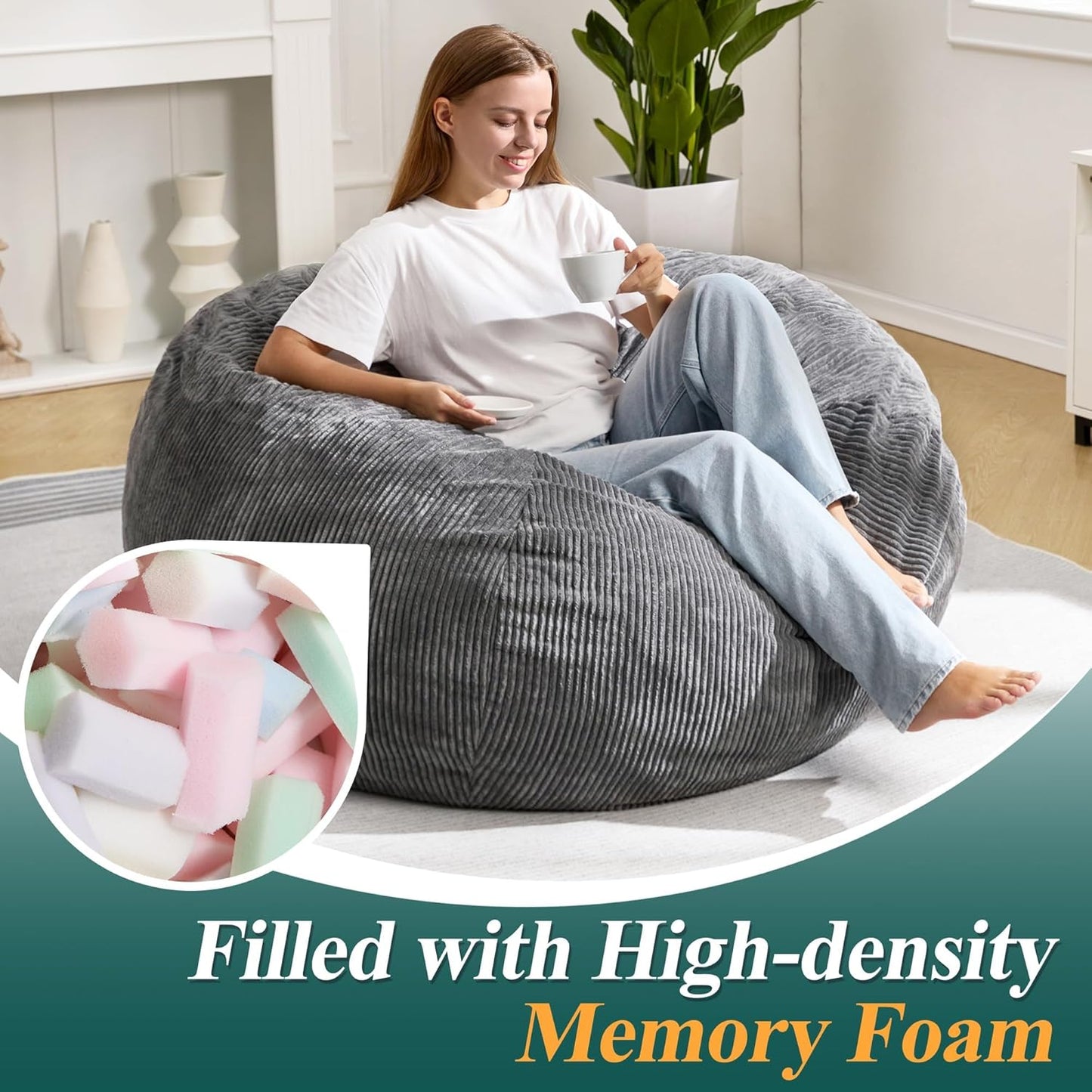 3.5FT Bean Bag Chairs Teardrop Bean Bag Chair for Adults Beanbag Chair with Memory Foam Filled Machine Washable Cover for Living Room, Bedroom (Large,Grey)