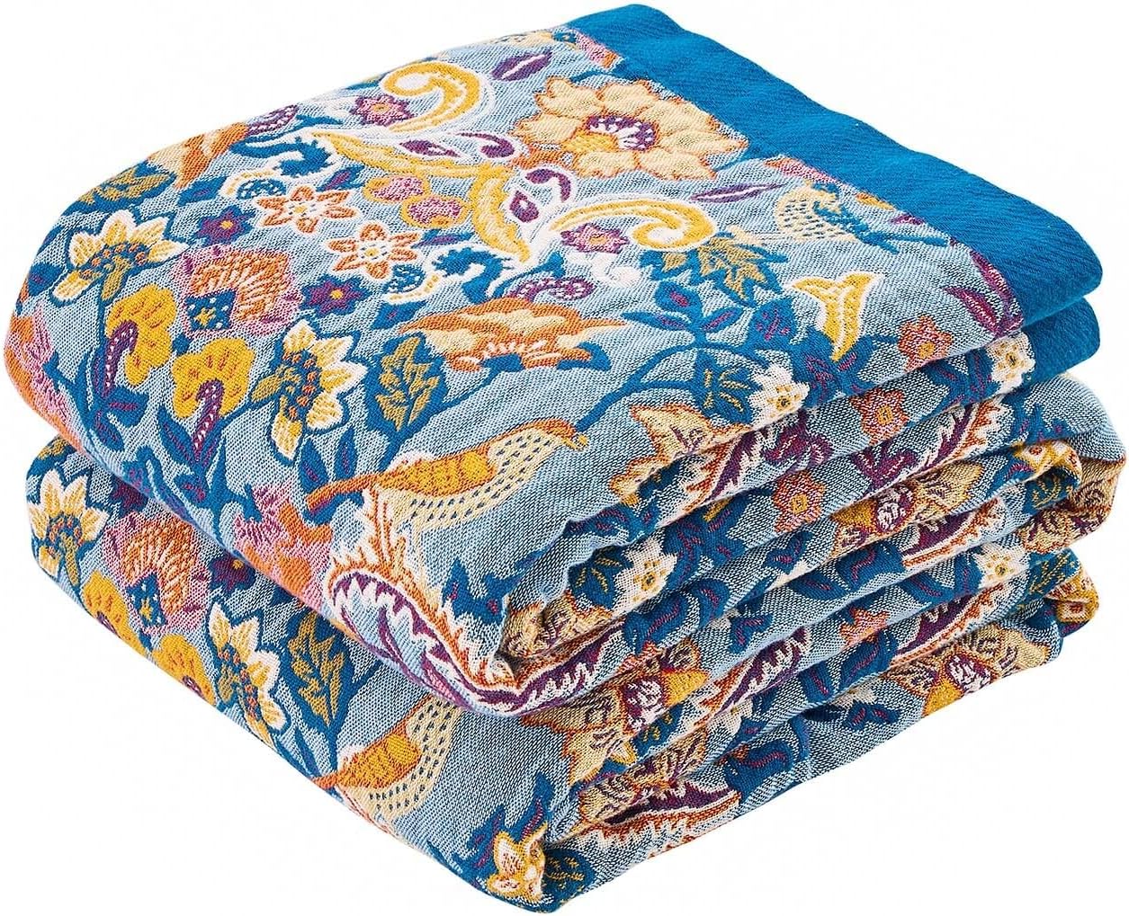 Boho Throw Blanket for Bed, 100% Cotton Soft Rustic Quilt Fall Blanket, 90"x98" Floral Printed Farmhouse Decor Bed Blankets, All Season Rustic Reversible Bohemian Throw Quilt