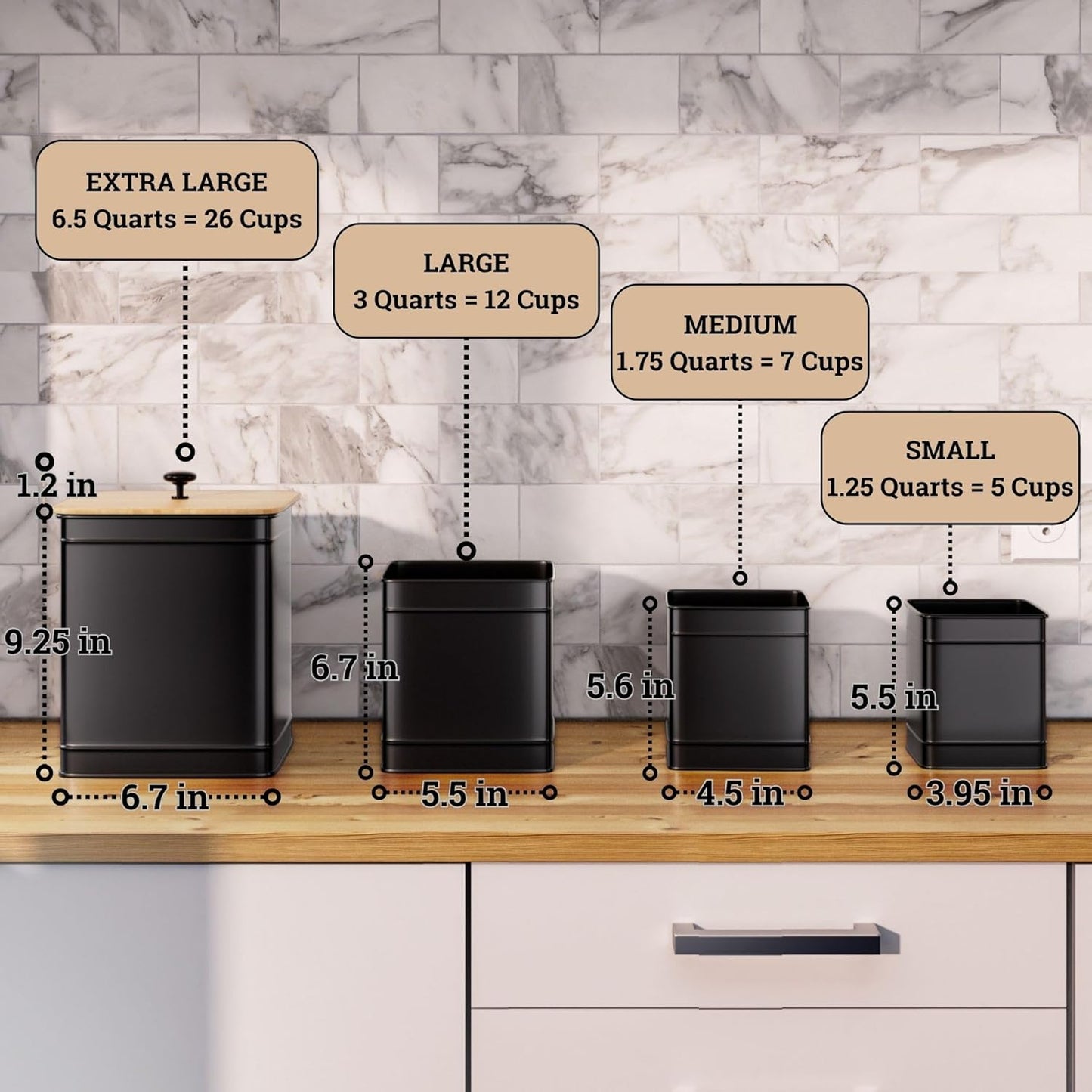 Kitchen Canisters for Countertop Set of 4 with Customizable Chalkboard Labels & Marker Pen - Big Iron Kitchen Canisters with Airtight Lids - Black Canister Set - Flour and Sugar Containers Farmhouse