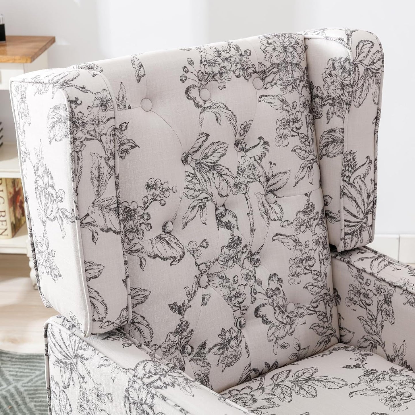 DUOMAY Tufted Accent Chair Set of 2, Modern Linen Upholstered Wingback Side Arm Chair for Living Room Bedroom with Wood Legs, Comfy Reading Guest Chair for Office, Beige Flower Pattern