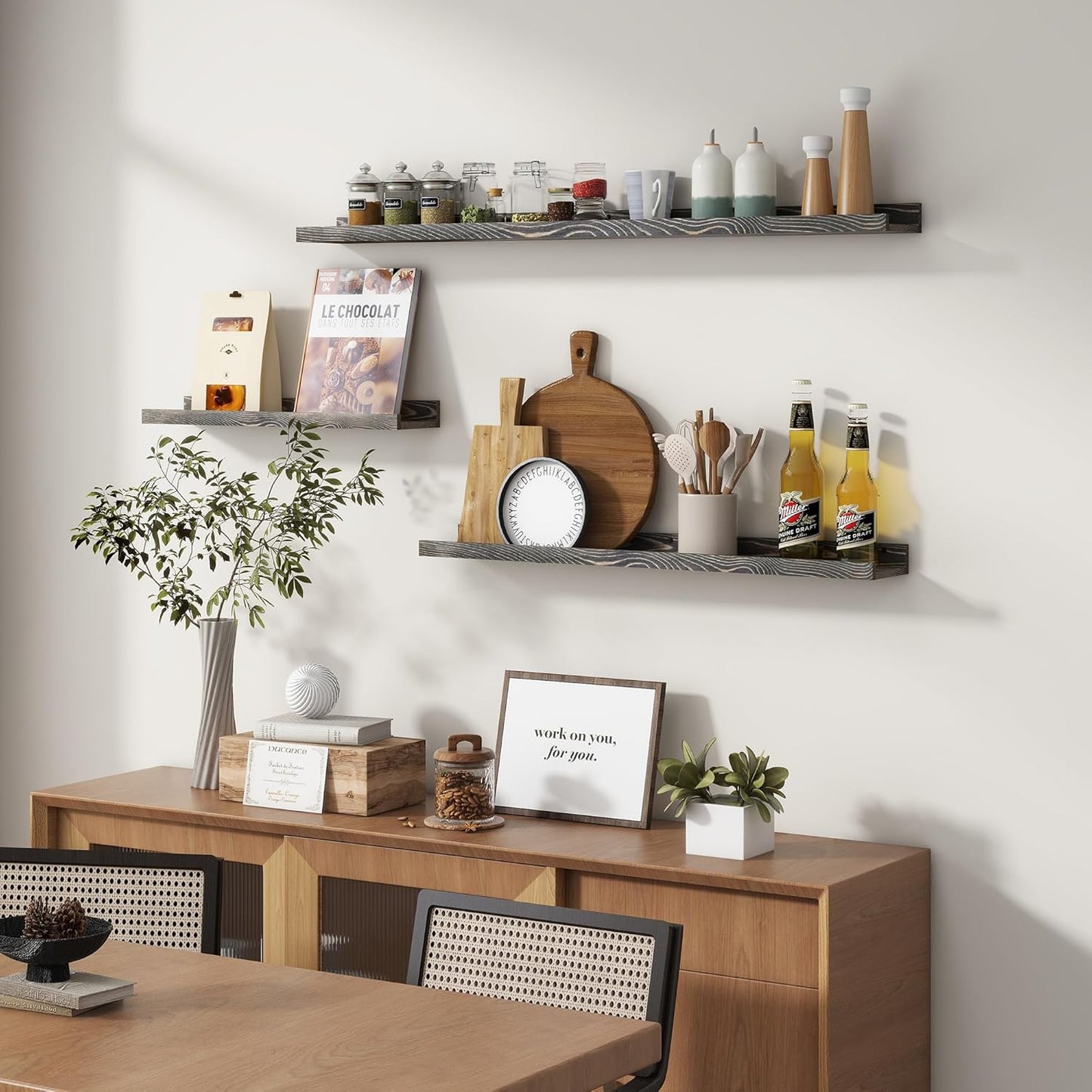 Picture Ledge Wall Shelves 48 Inches Width Set of 3, Solid Pine Wood Rustic Floating Ledge for Kids' Room Bedroom Kitchen Bathroom, Long Floating Shelves for Wall Decor, Grey