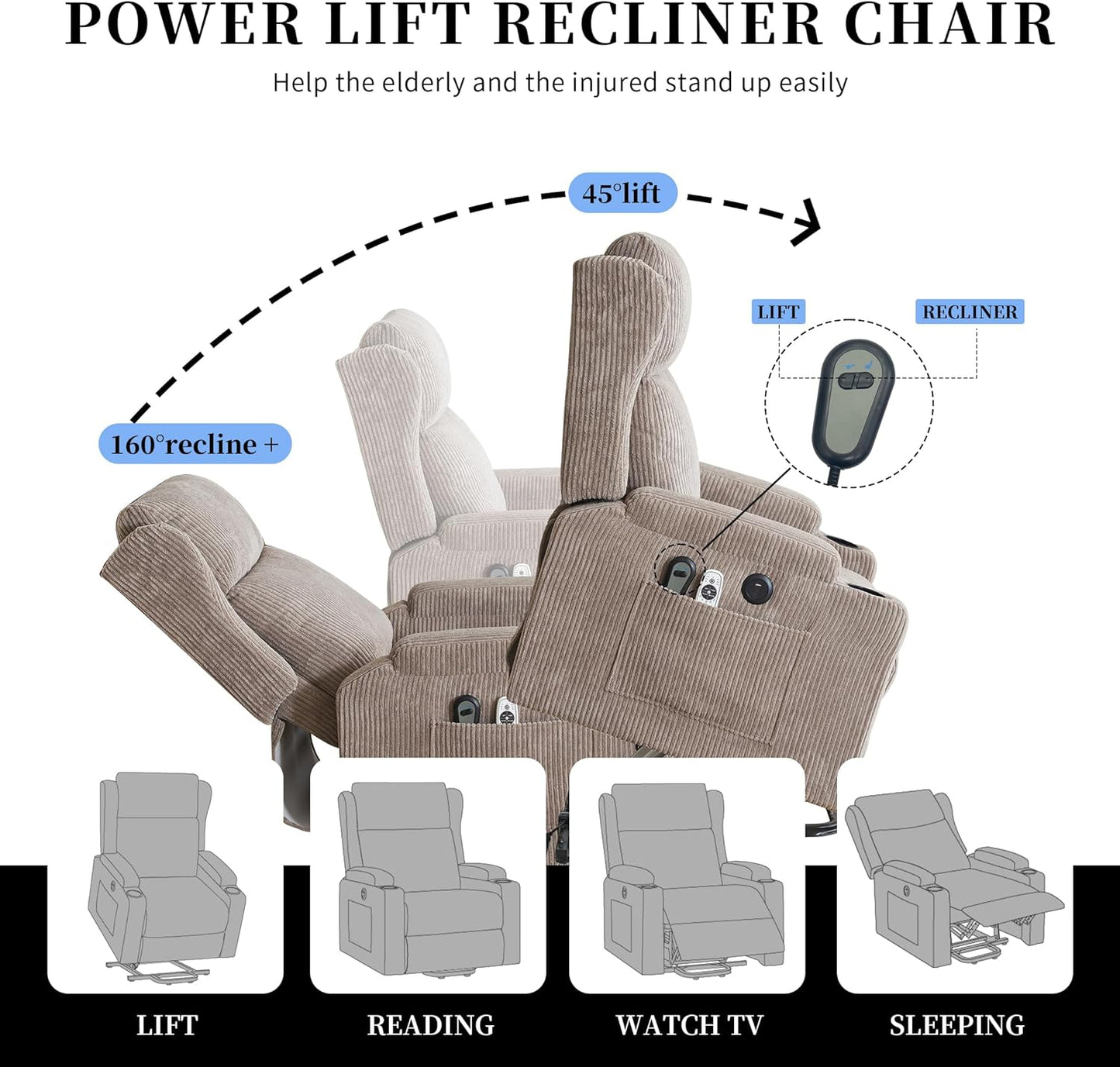 Lift Recliner Chair for Adults with Massage and Heating, Power Lift Recliner Chairs for Elderly, Corduroy Fabric Reclining Chair with USB &Type-C Port, Cup Holders, L6111 (Khaki)