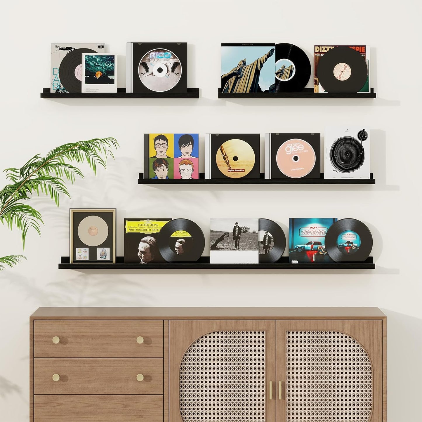 Picture Ledge Shelf, Solid Pine Wood Floating Shelves Set of 4, 16 Inches Nursery Book Shelves for Toys Storage, Kids Bookshelf Wall Mounted for Living Room Decor Photo Frames, Black