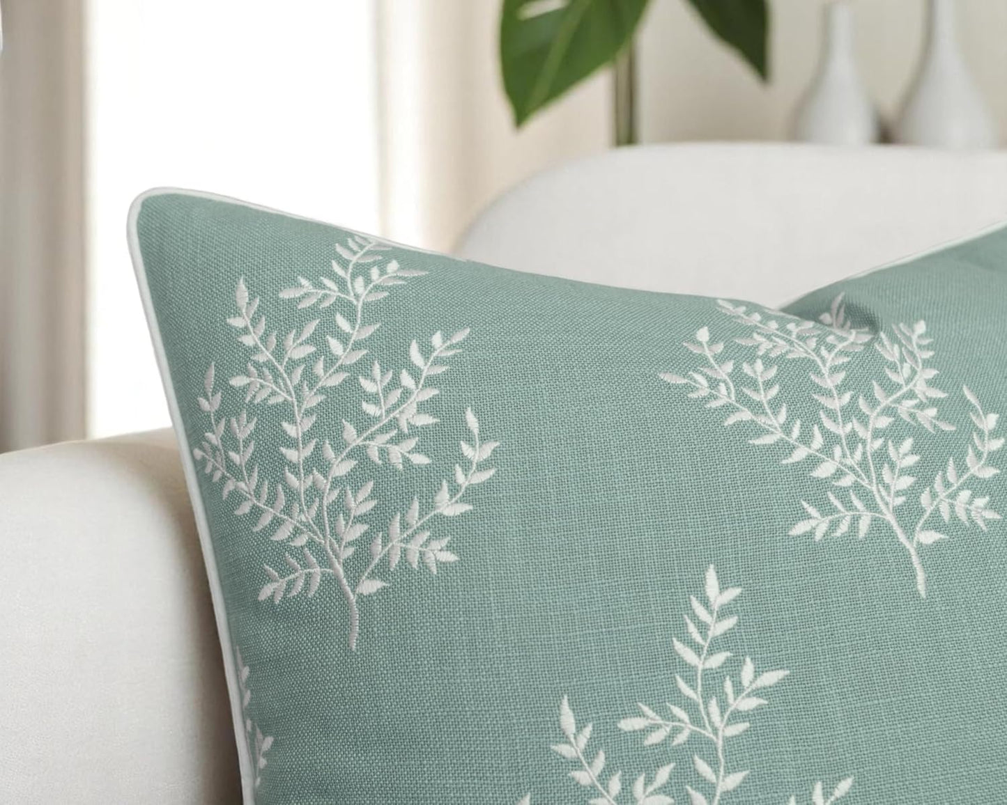 VAGMINE Embroidered Leaves Throw Pillow Cover - 18x18 Inches Square - 100% Cotton Light Teal Decorative Cushion Cover - Elegant Embroidery Pattern - Coastal Home Accent for Sofa, Bed, Living Room