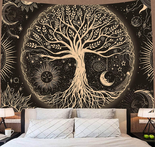 FORATER Tree of Life Tapestry Wall Hanging Sun Moon Stars Tapestries Aesthetic Galaxy Wall Tapestry Nature Home Decoration for Living Room Bedroom(36 x 48 Inch, Black and Gold)