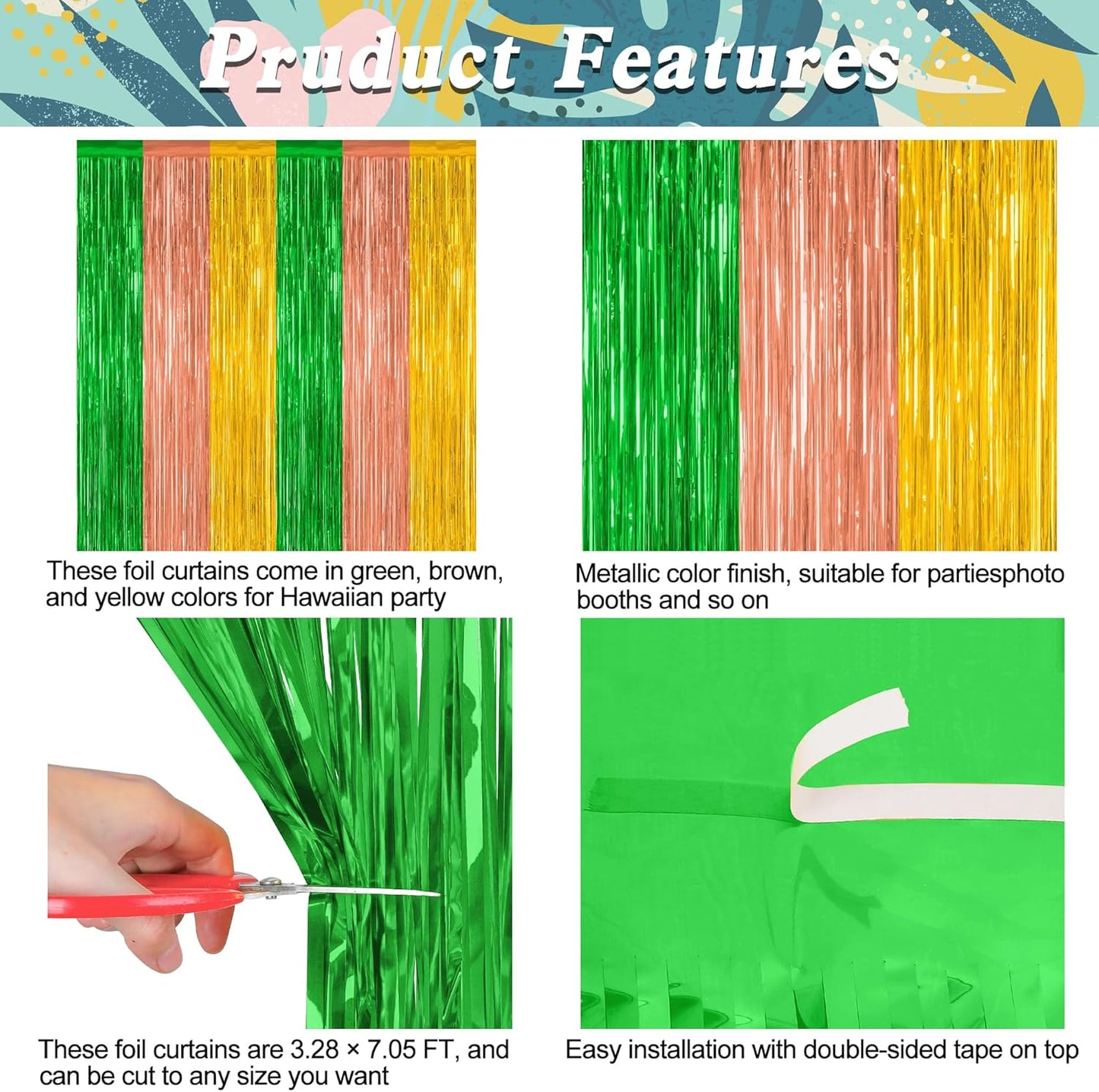 12 Pack Hawaiian Party Decorations, 3.28 FT x 7.05 FT Luau Party Decorations, Green Brown Yellow Backdrop Fringe Curtains Foil Streamer, Metallic Summer Decor Photo Booth Props
