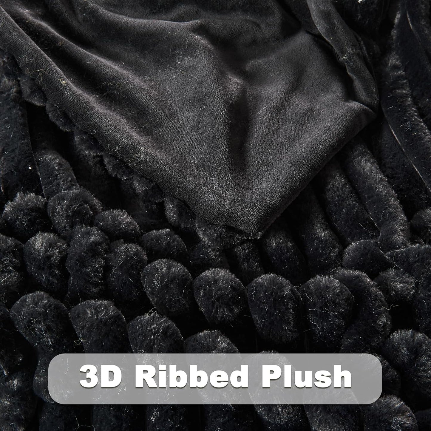 NEWCOSPLAY Faux Fur Throw Blanket Black 3D Ribbed Plush Thick Warm Blanket for Couch Sofa Bed 850GSM (Black Ribbed, Throw(50"x60"))