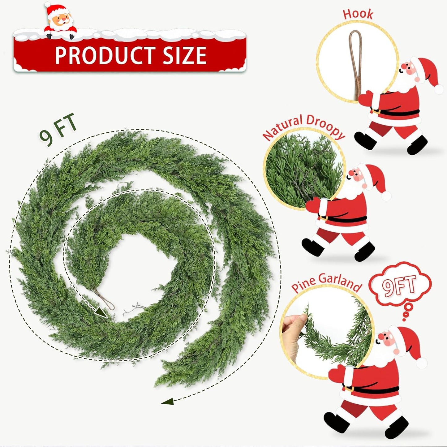 9 Ft Real Touch Christmas Garland Indoor with Pine Cone,Thick and Lush，Soft Bendable Mantle Garland Christmas, Lifelike Cedar Garland, Christmas Garland for Mantle,Indoor Christmas Decorations